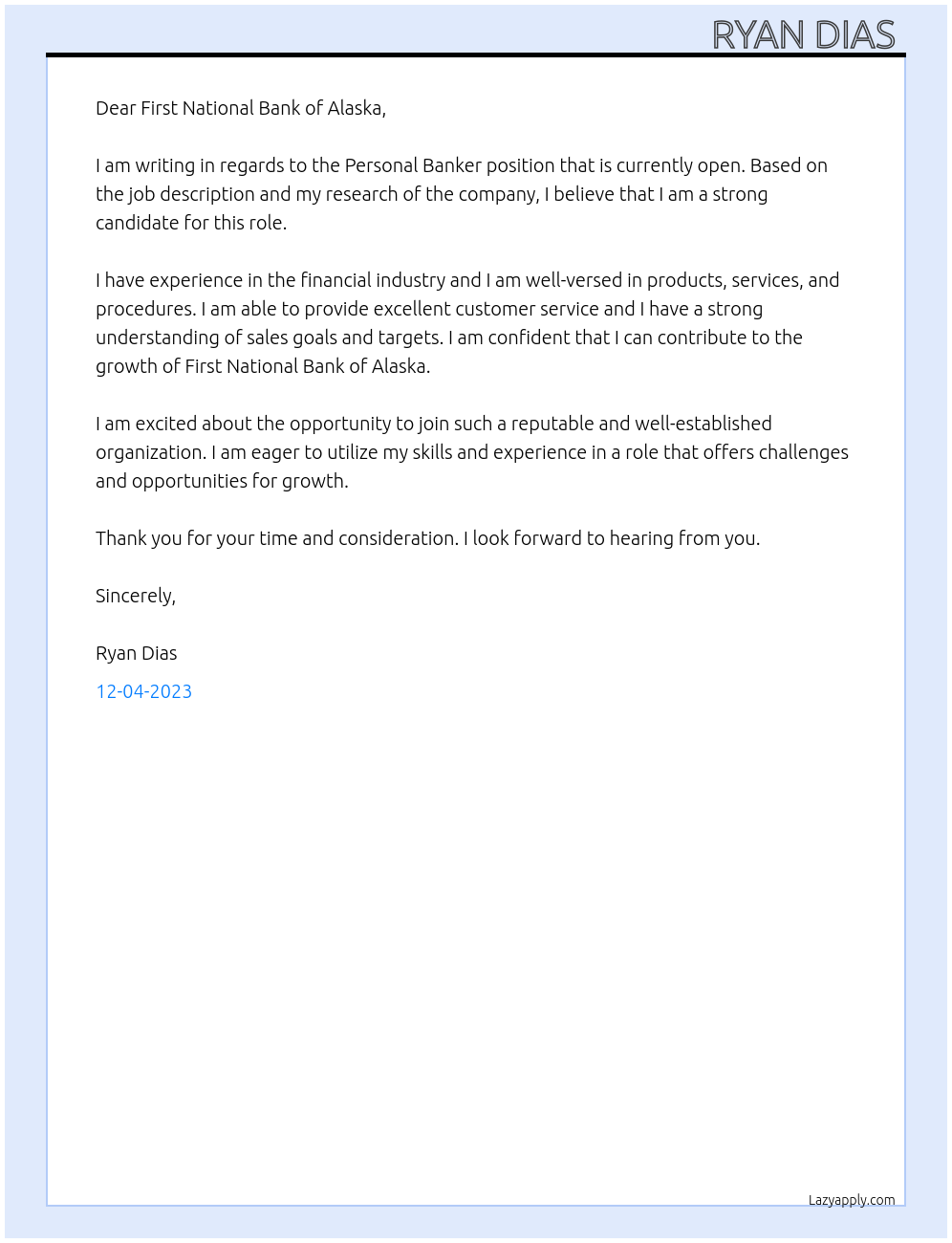 Personal Banker At First National Bank Alaska Cover Letter