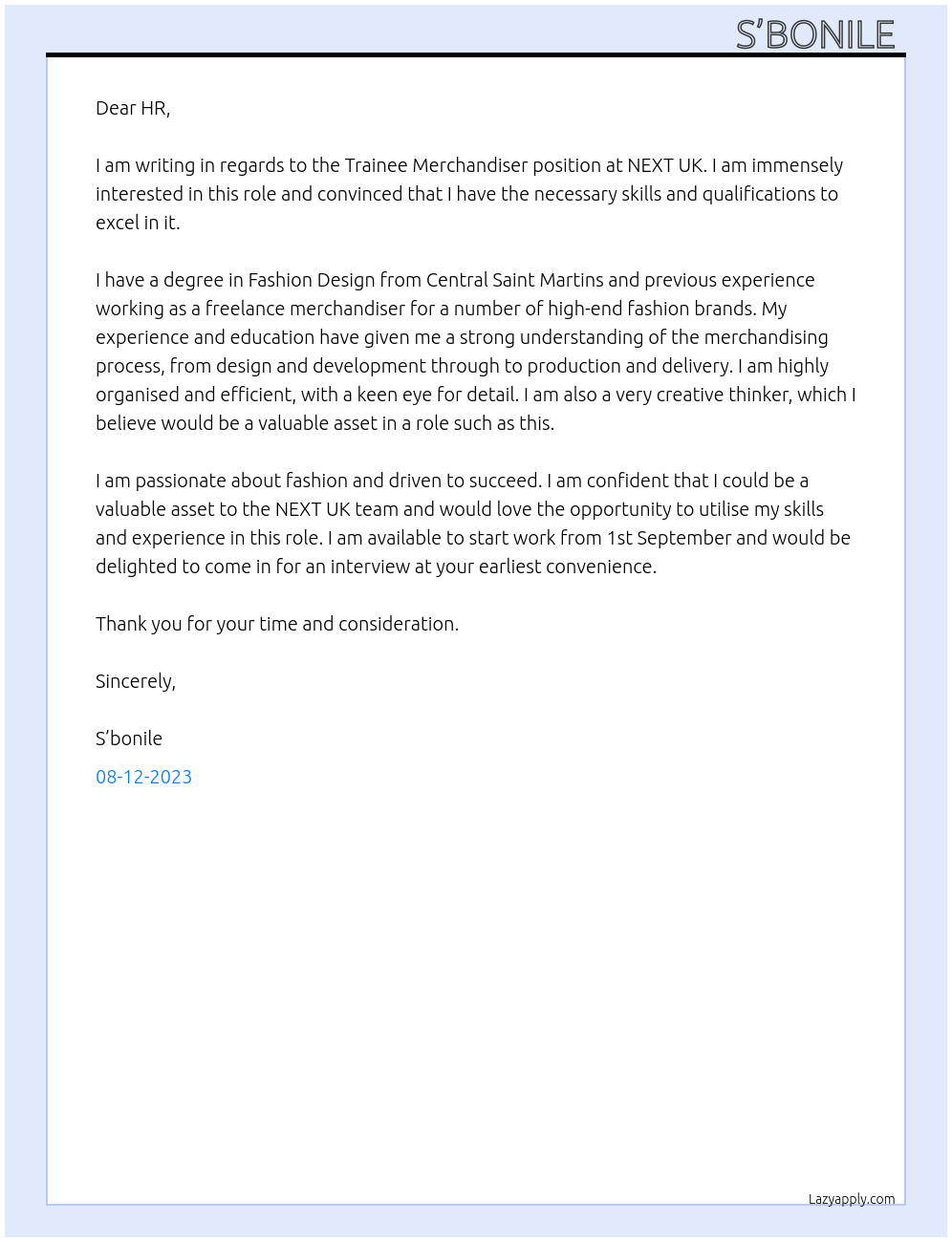 Trainee Merchandiser At NEXT UK Cover Letter