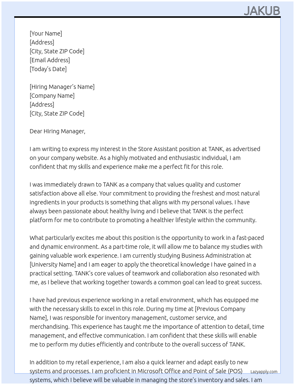 Store Assistant At TANK Cover Letter