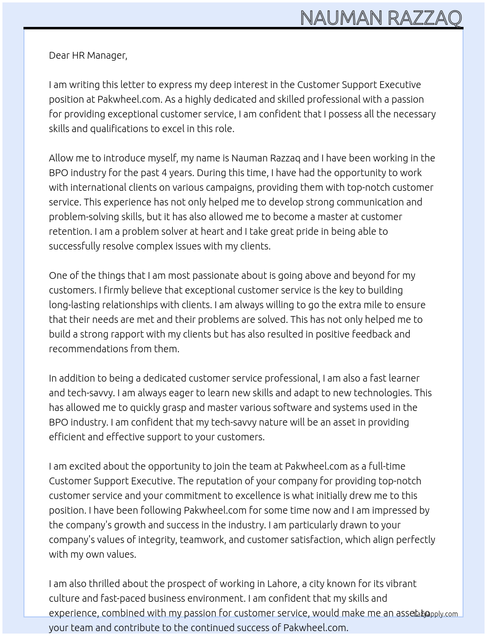Customer support executive At Pakwheel.com Cover Letter