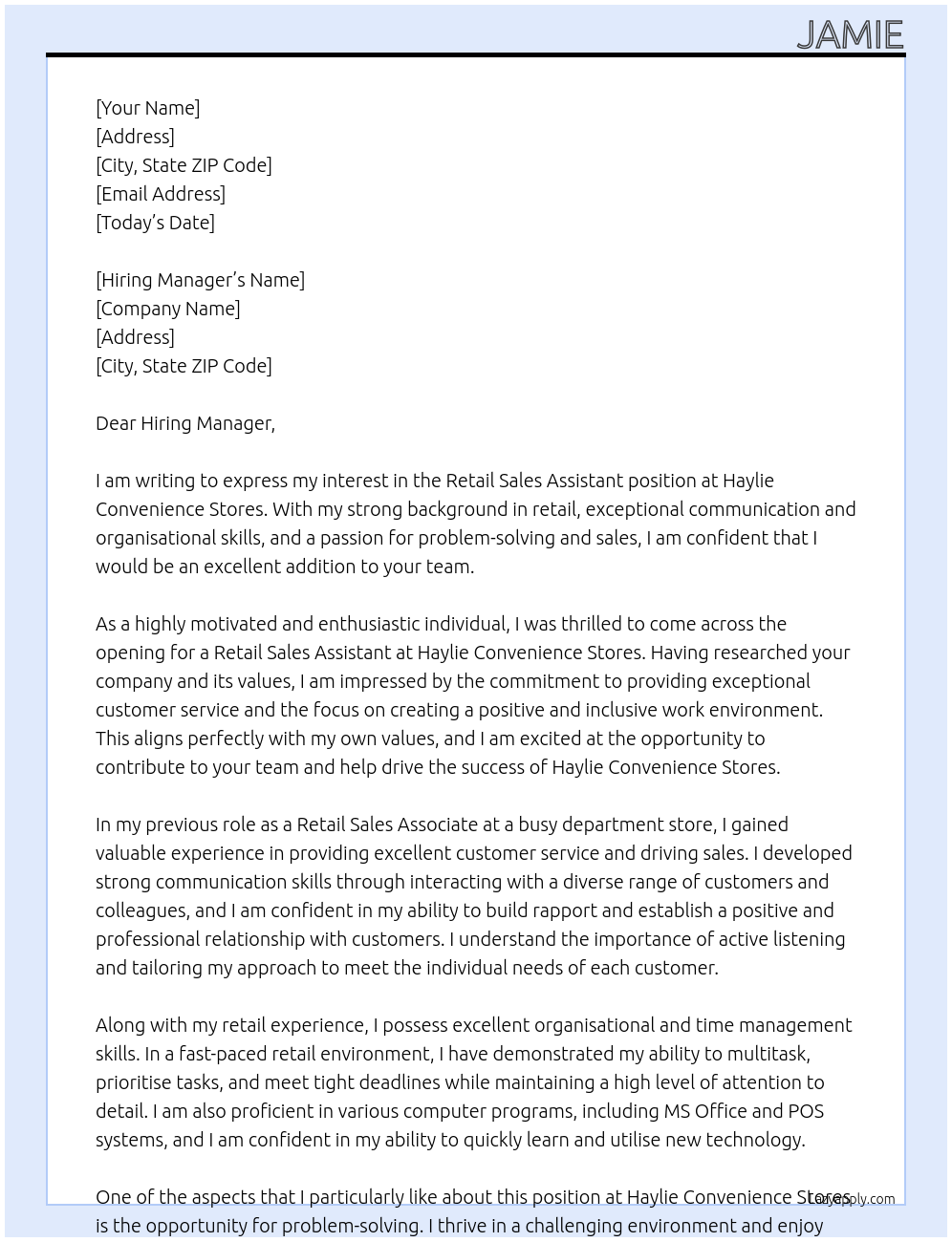 Retail Sales Assistant At Haylie Convenience Stores Cover Letter