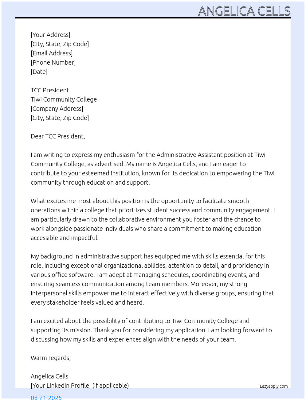 administrative assistant At Tiwi Community College Cover Letter