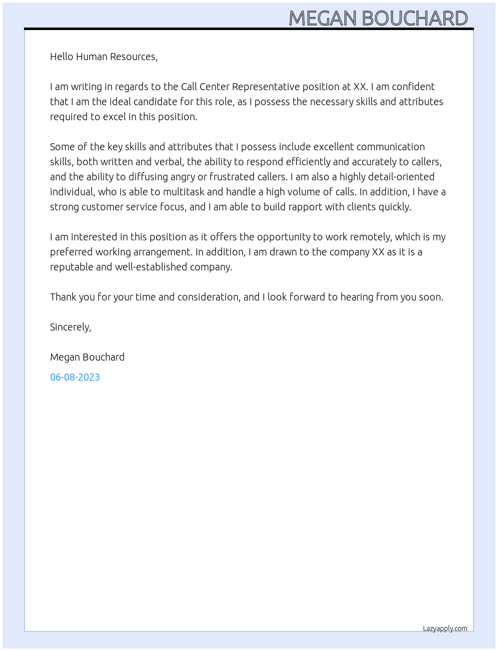 Call Center Representative At XX Cover Letter