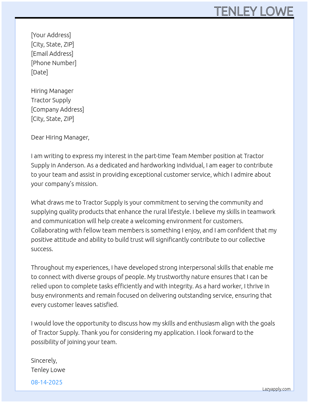 team member At tractor supply Cover Letter