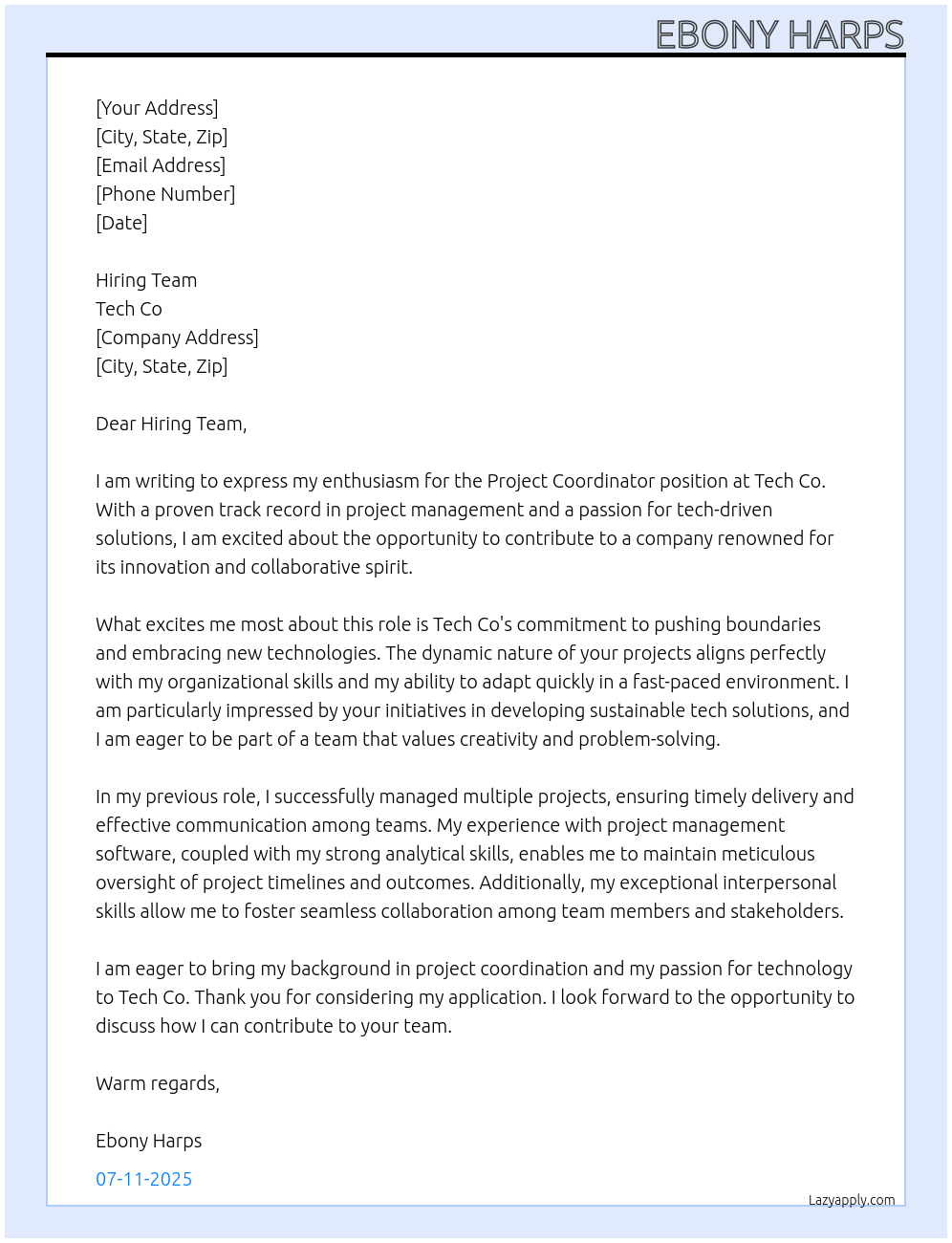 Project Coordinator At Tech Co Cover Letter