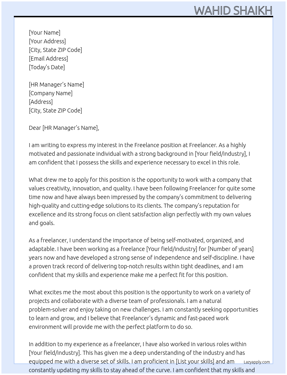 Freelance  At Freelancer Cover Letter