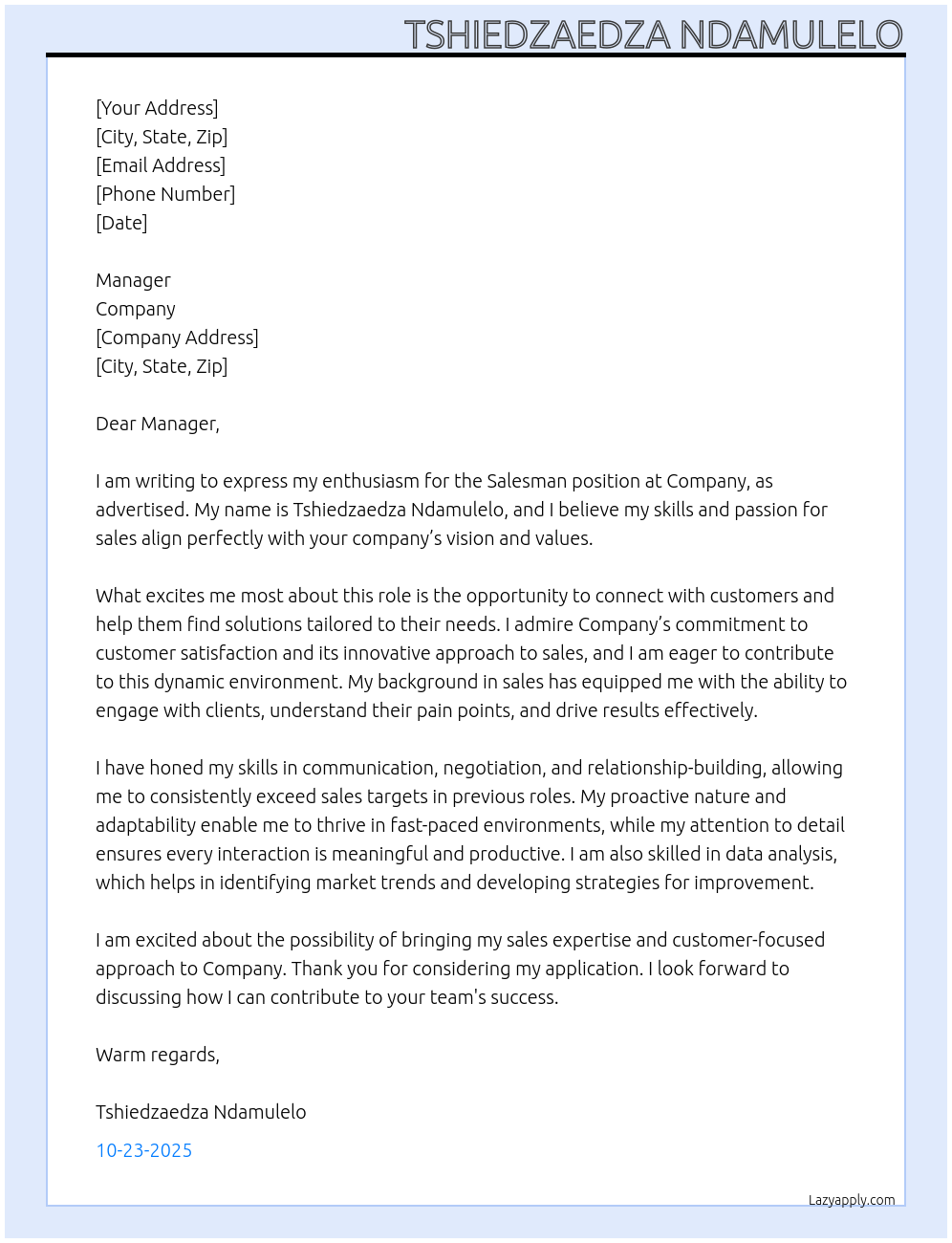 sales man At company Cover Letter