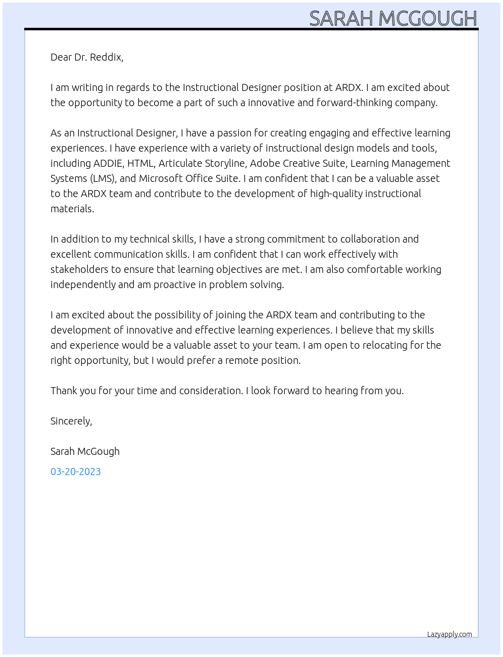 Instructional Designer At ARDX Cover Letter