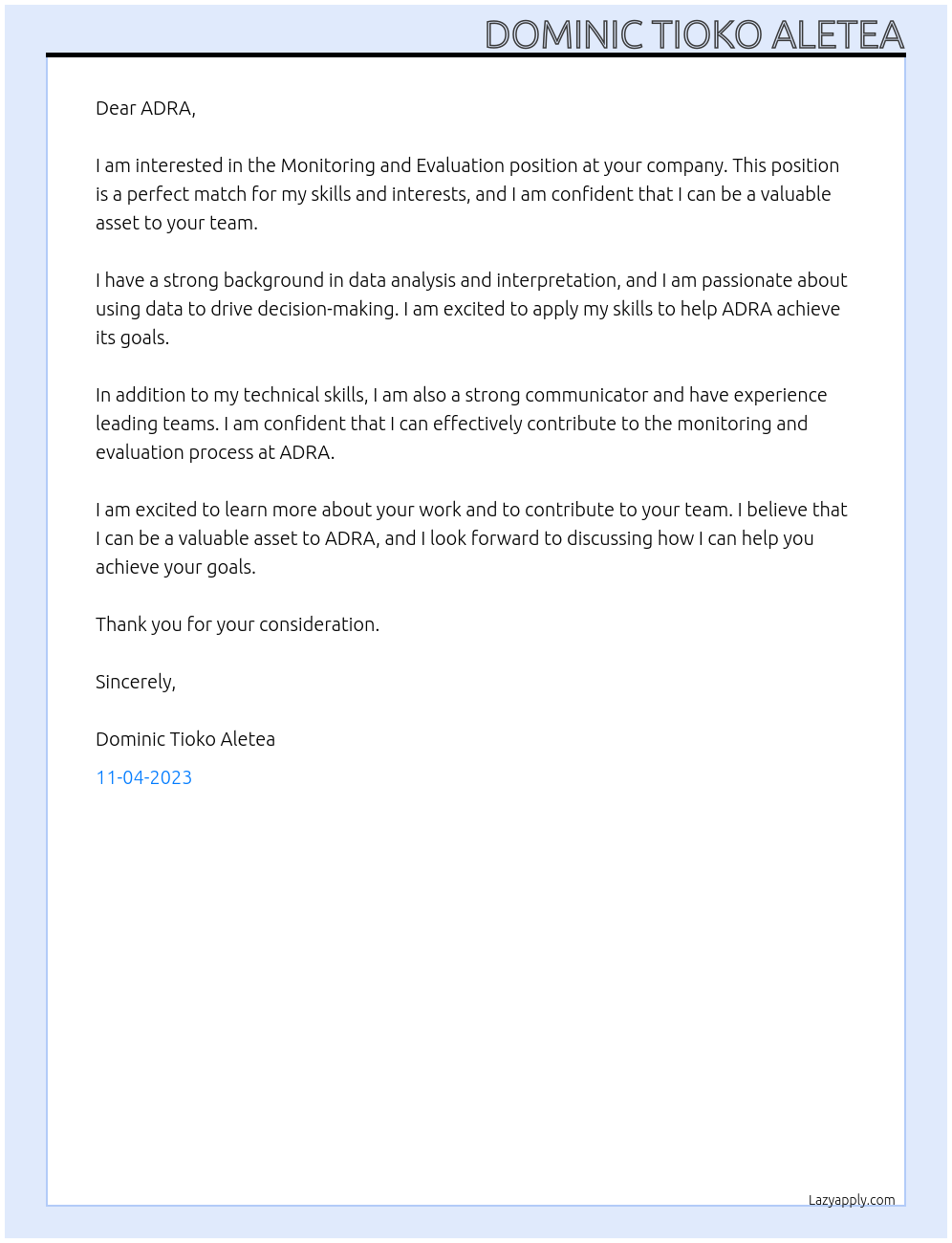 MONITORING AND EVALUATION At ADRA Cover Letter