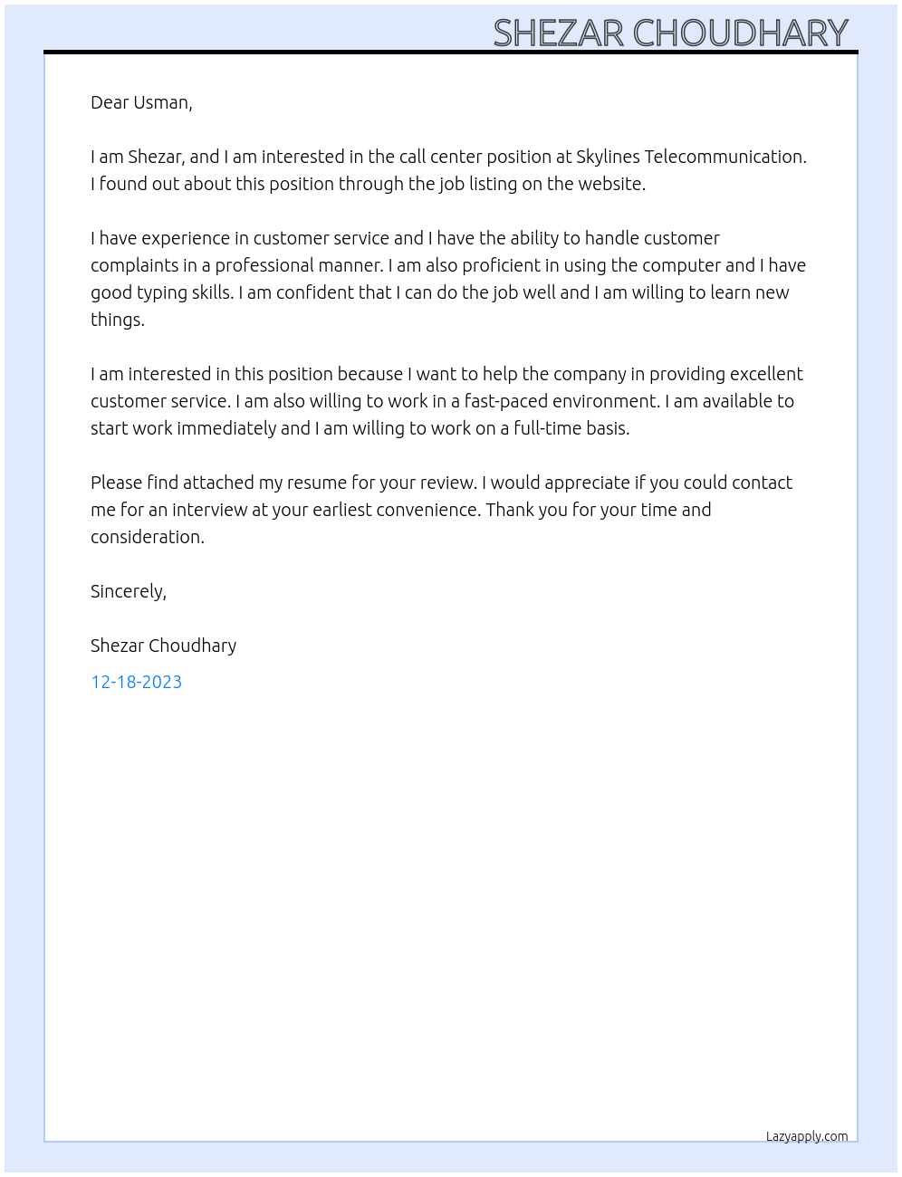 Call center At Skylines Telecommunication Cover Letter