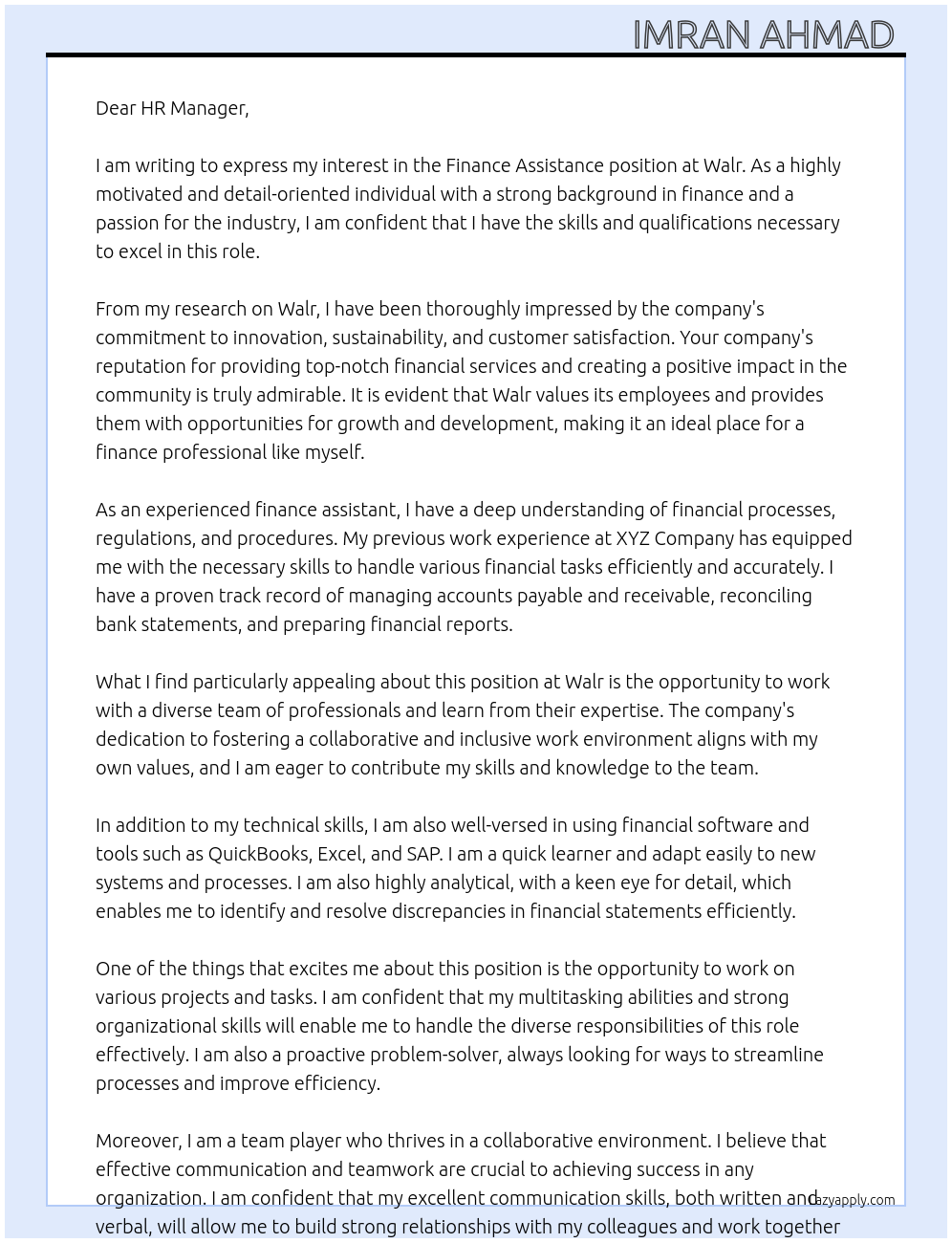 Finance Assistance At Walr.  Cover Letter