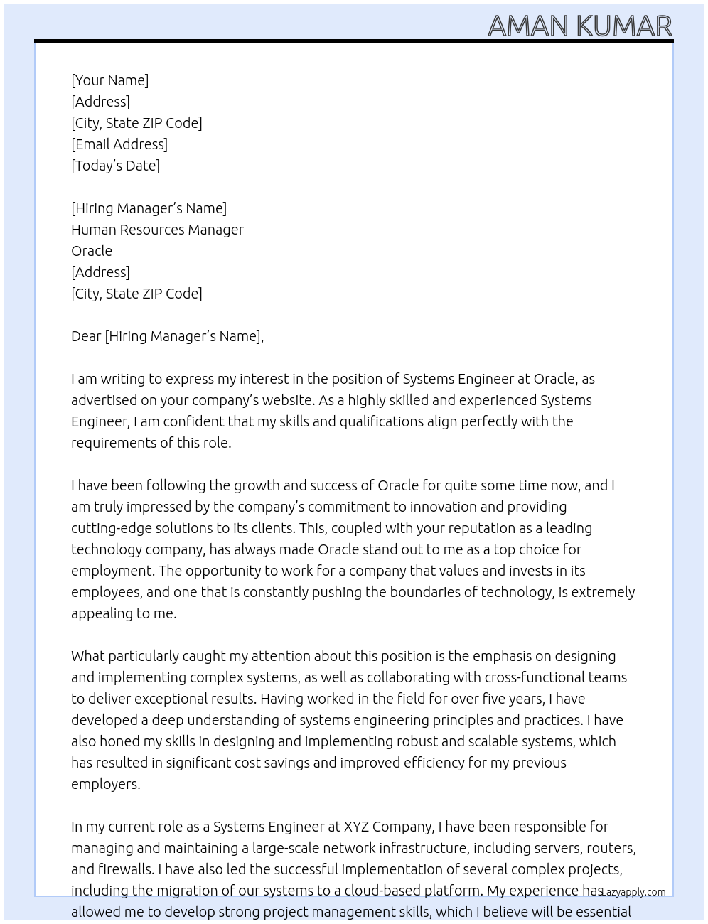 Systems Engineer At Oracle Cover Letter