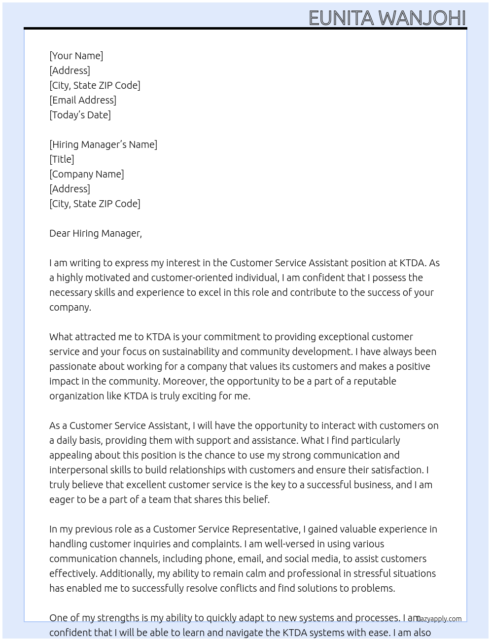 Customer Service Assistant At KTDA Cover Letter