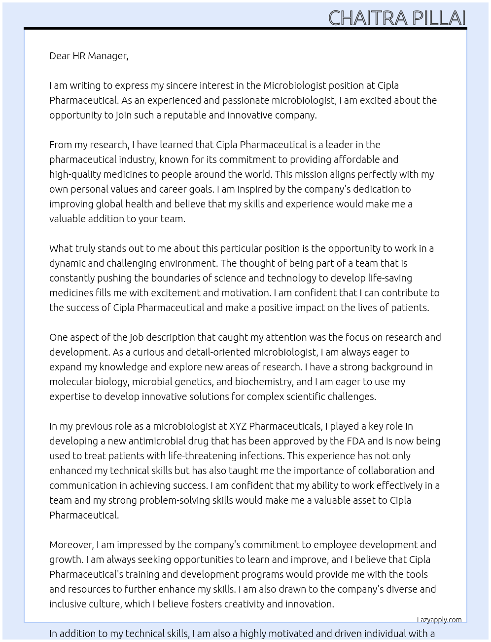 Microbiologist At Cipla Pharmaceutical Cover Letter