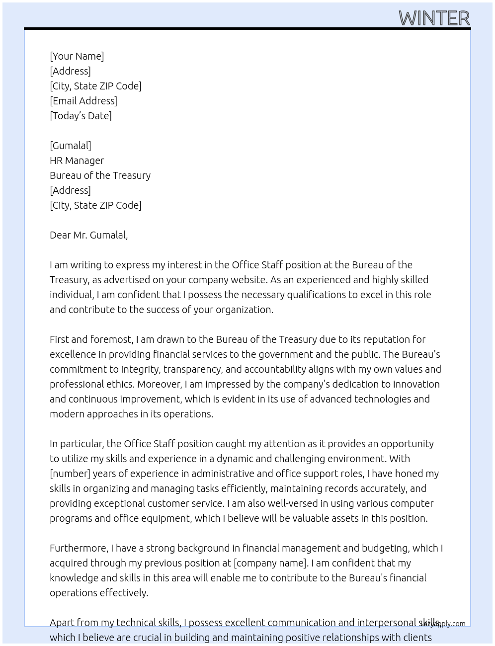 office staff At bureau of the treasury Cover Letter