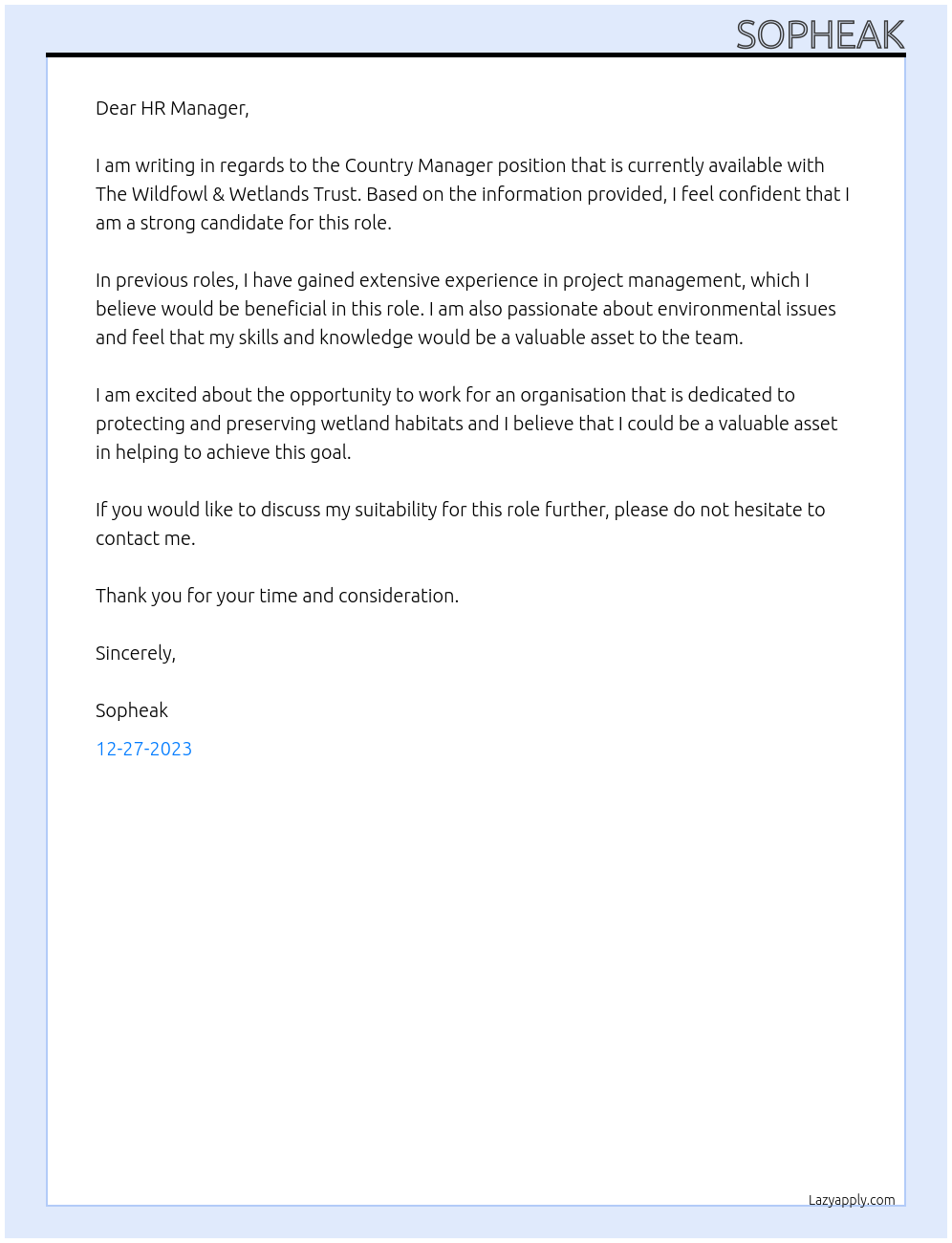 Country Manager At The Wildfowl & Wetlands Trust Cover Letter