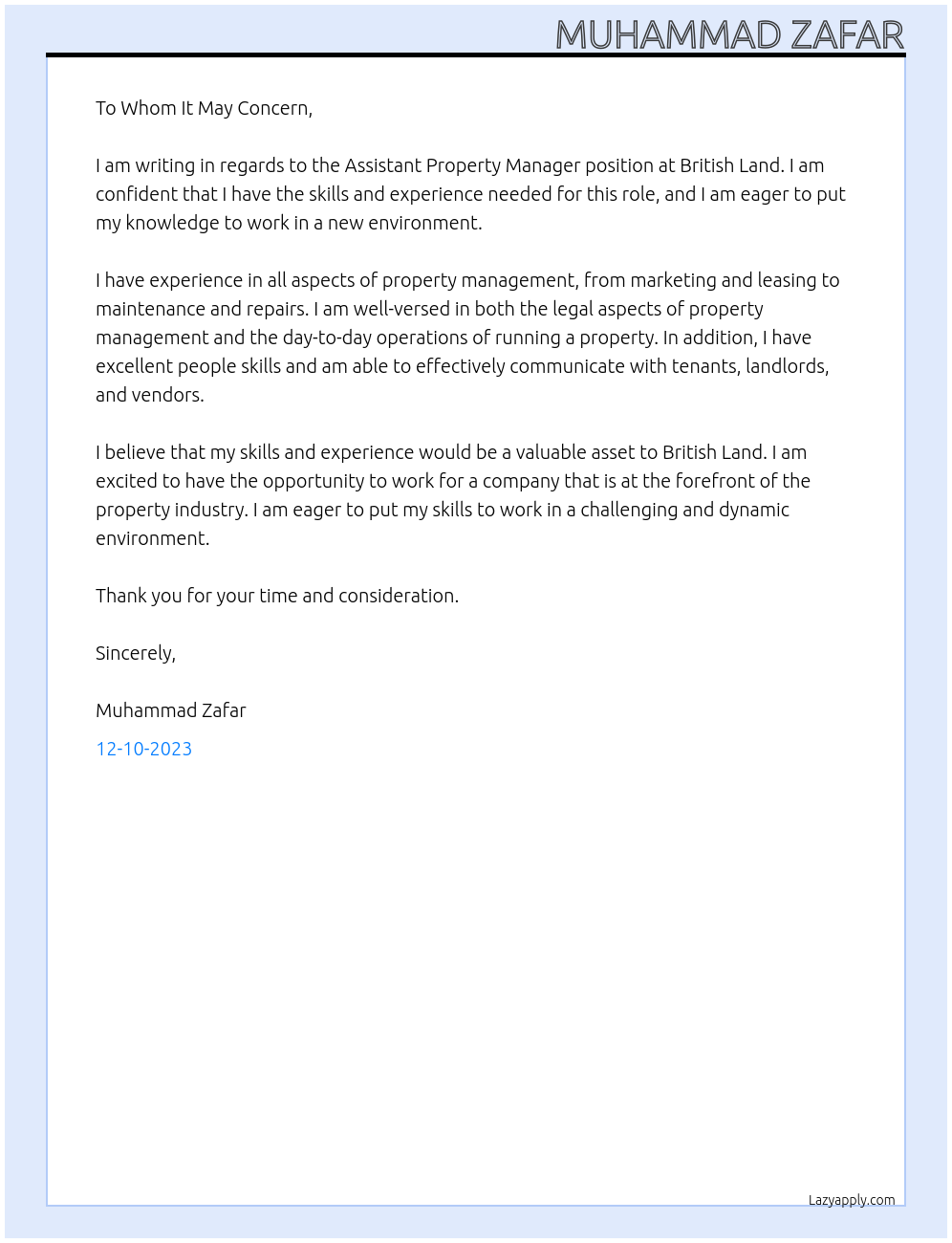 Assistant Property Manager At British Land Cover Letter