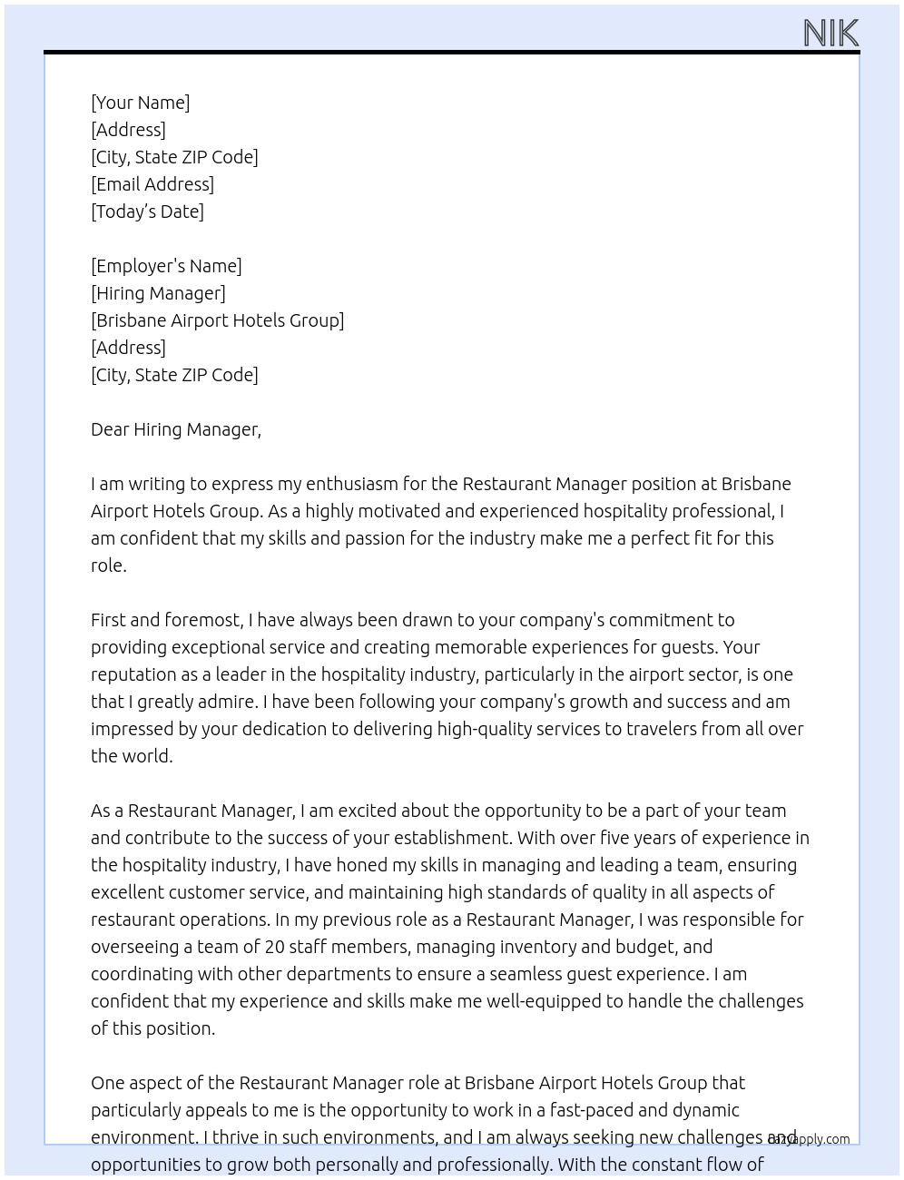 Restaurant Manager At Brisbane Airport Hotels Group Cover Letter