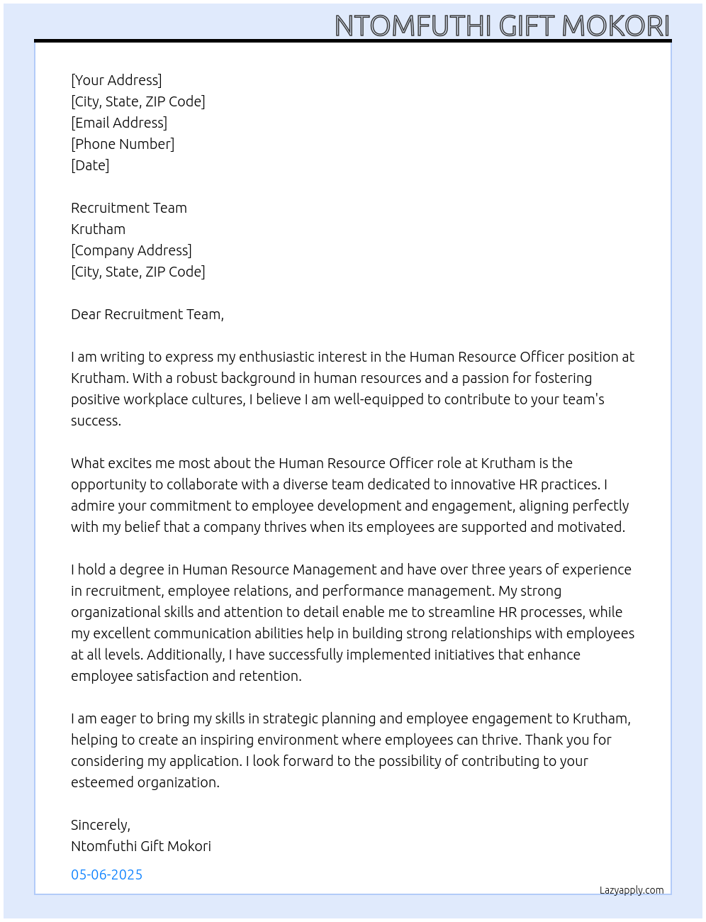 Human resource officer At Krutham Cover Letter