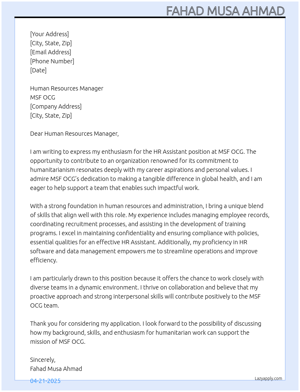 HR Assistant At MSF OCG Cover Letter