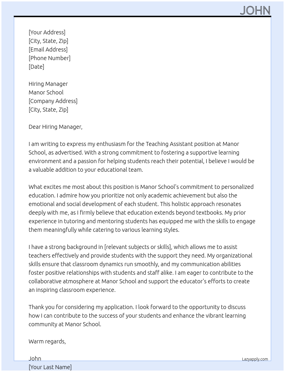 Teaching Assistant At Manor school Cover Letter