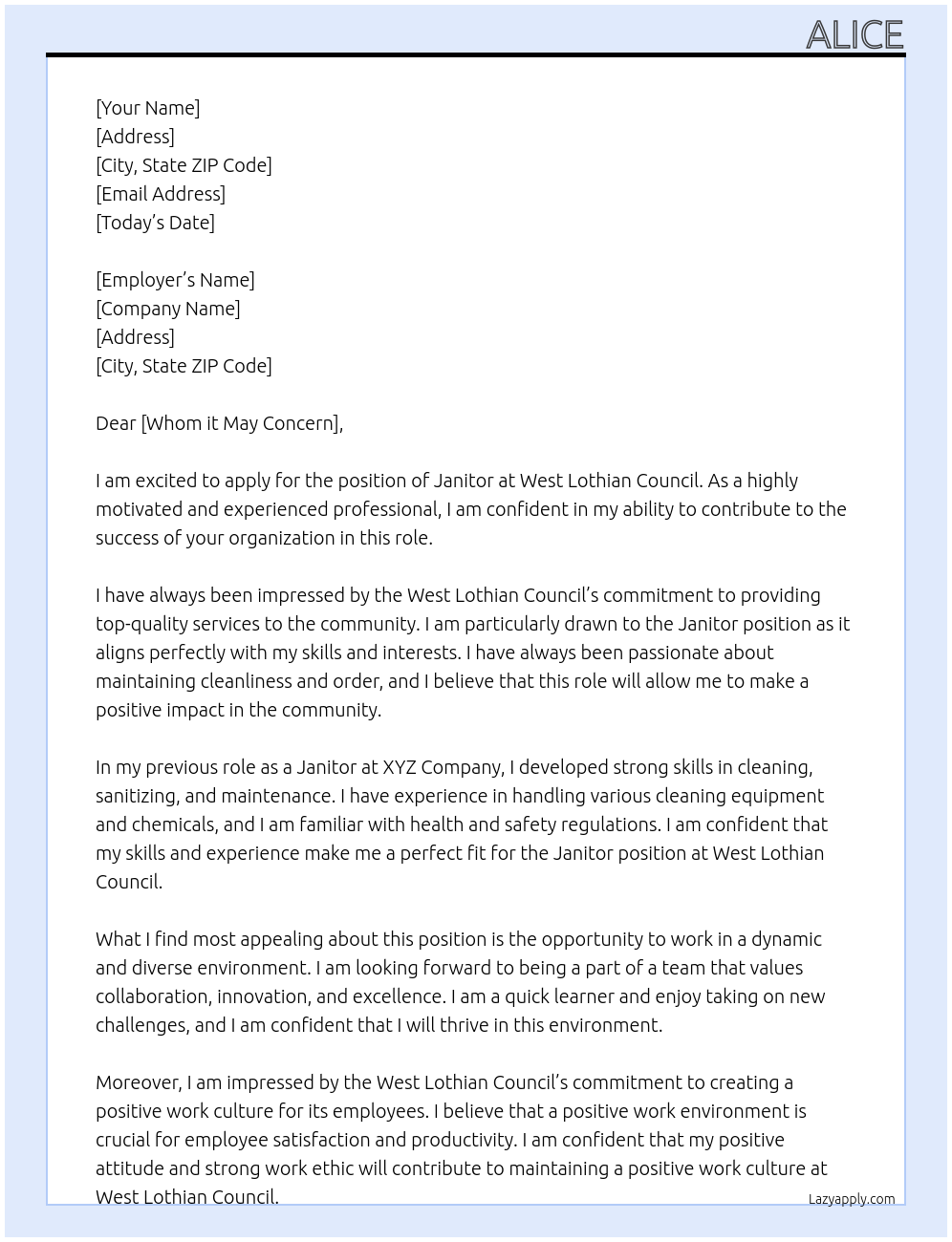 Janitor At West lothian council Cover Letter