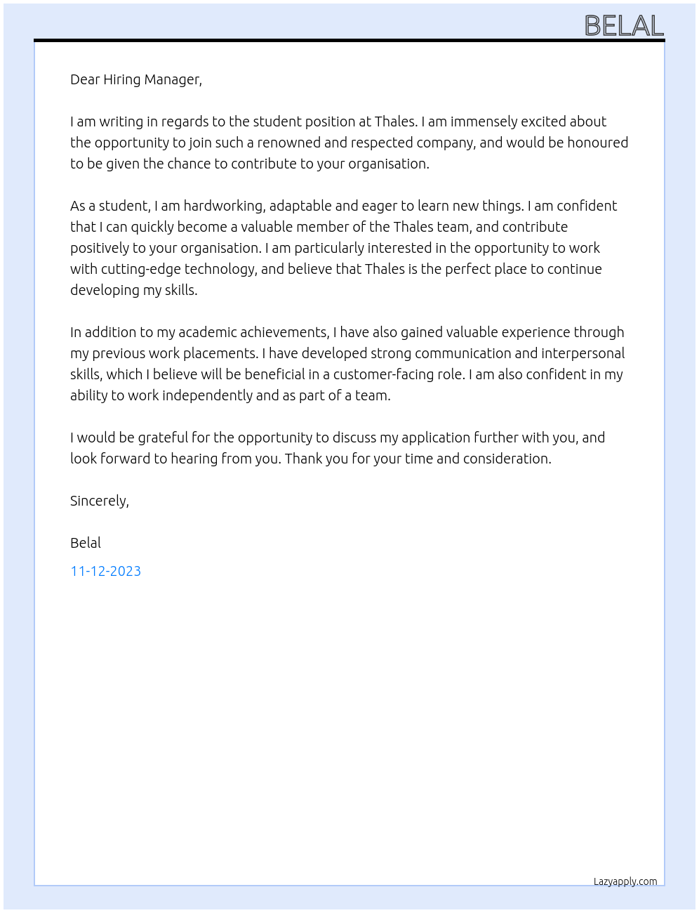 Student At Thales Cover Letter