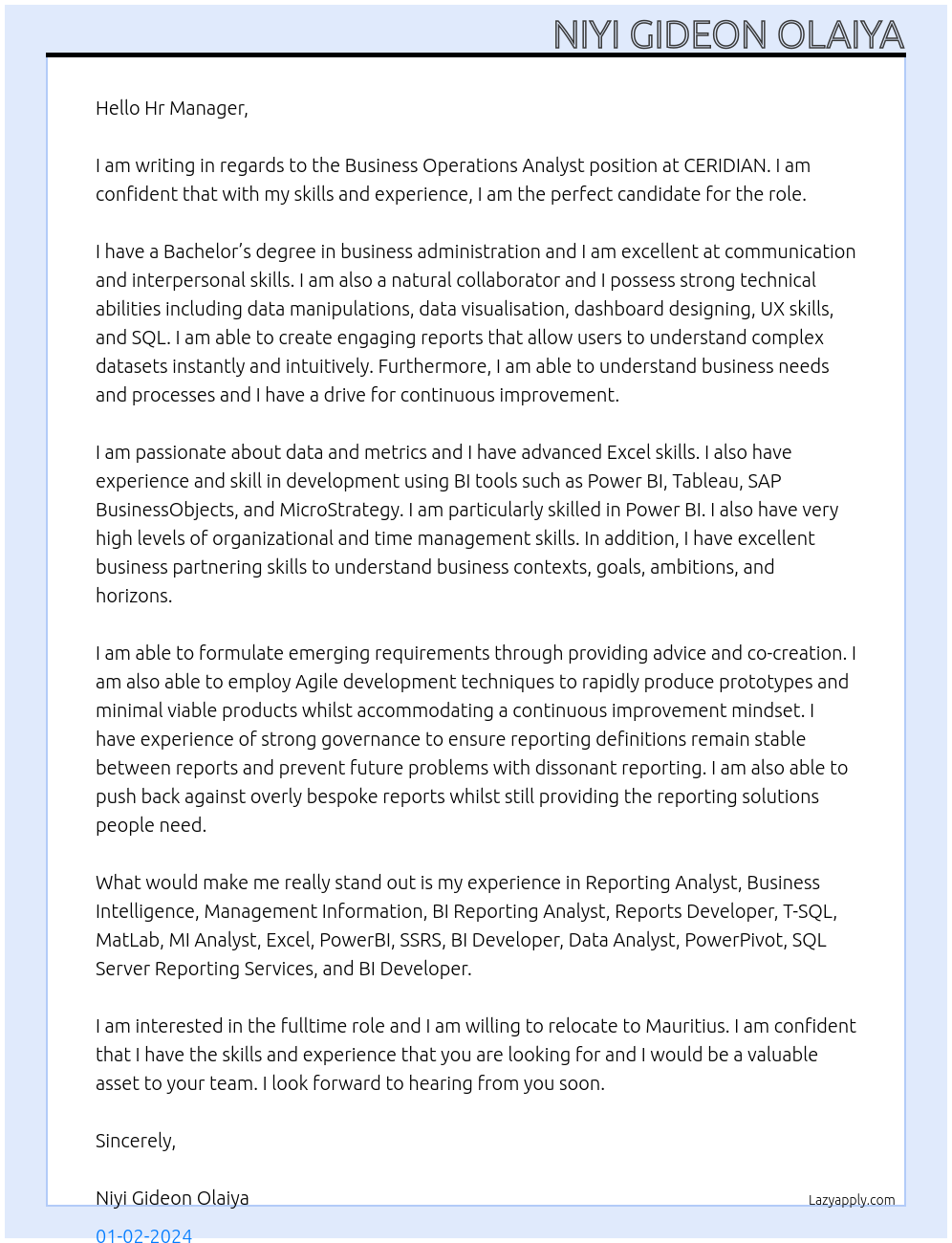  Business Operations Analyst At CERIDIAN Cover Letter