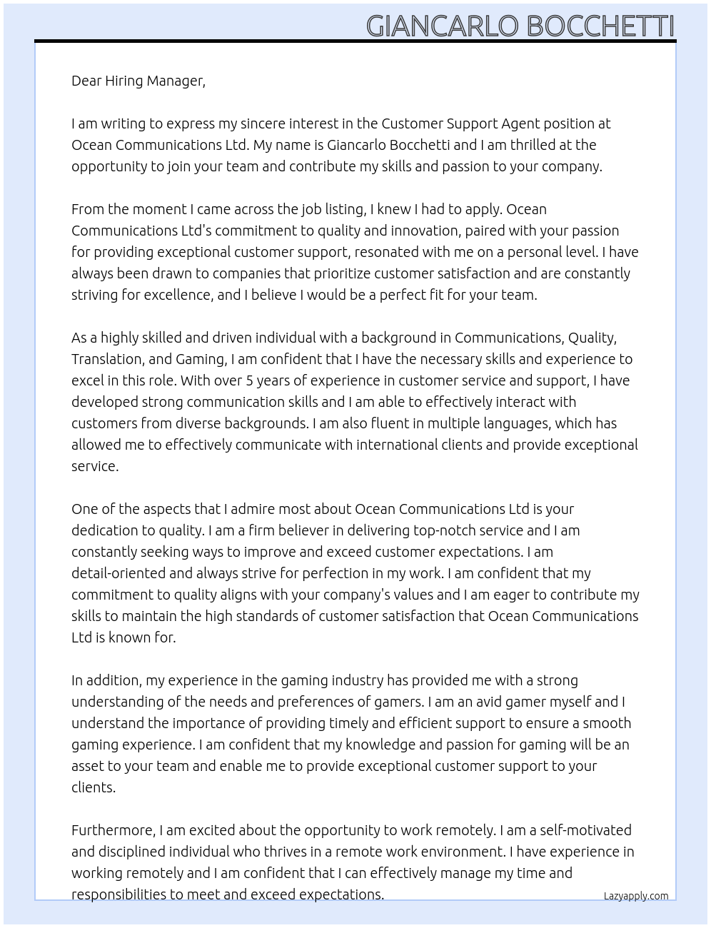 Customer Support Agent At Ocean Communications Ltd Cover Letter