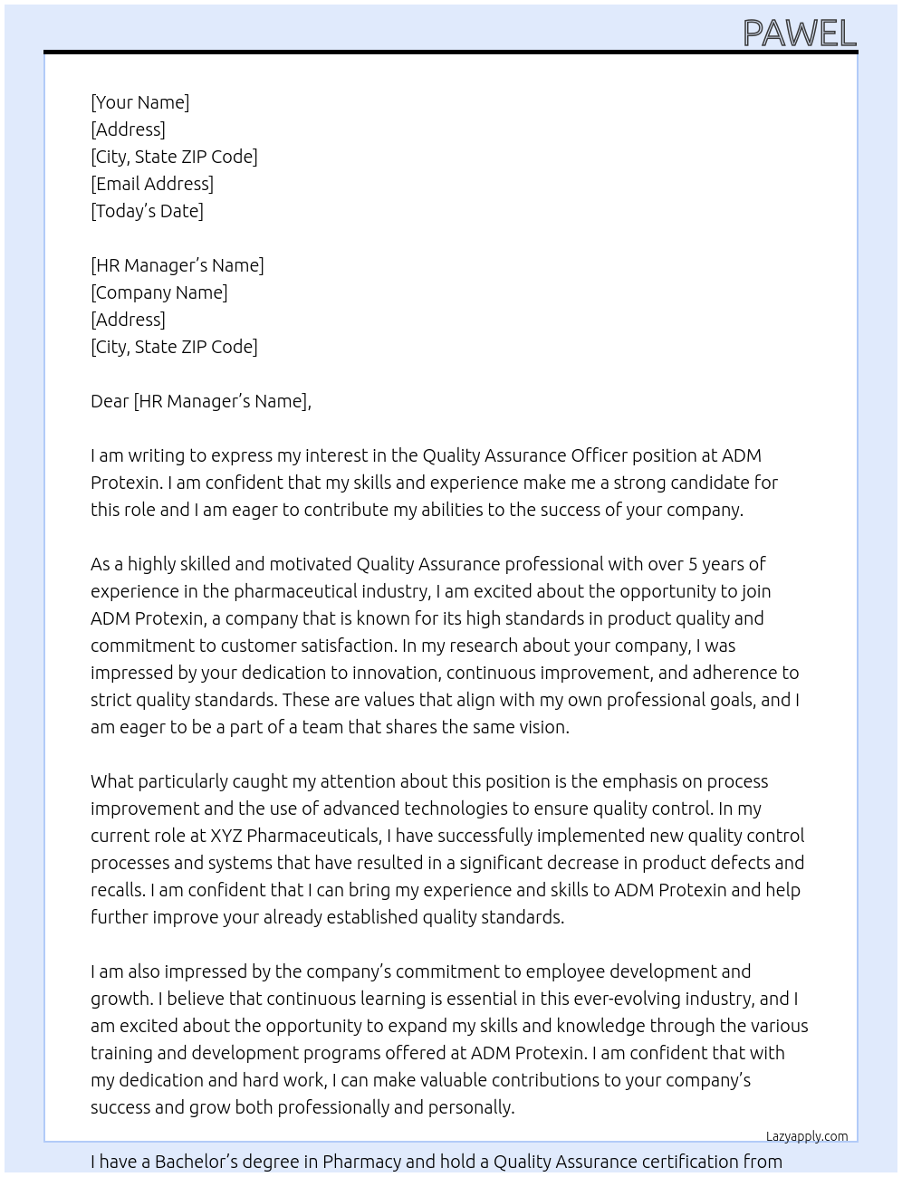 quality assurance officer At ADM Protexin Cover Letter