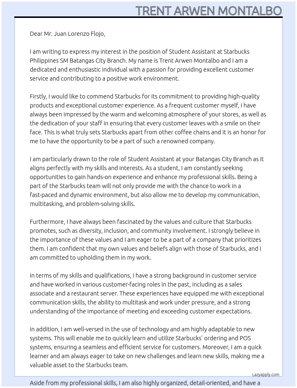 student assistant At Starbucks phillipines SM Batangas City Branch Cover Letter