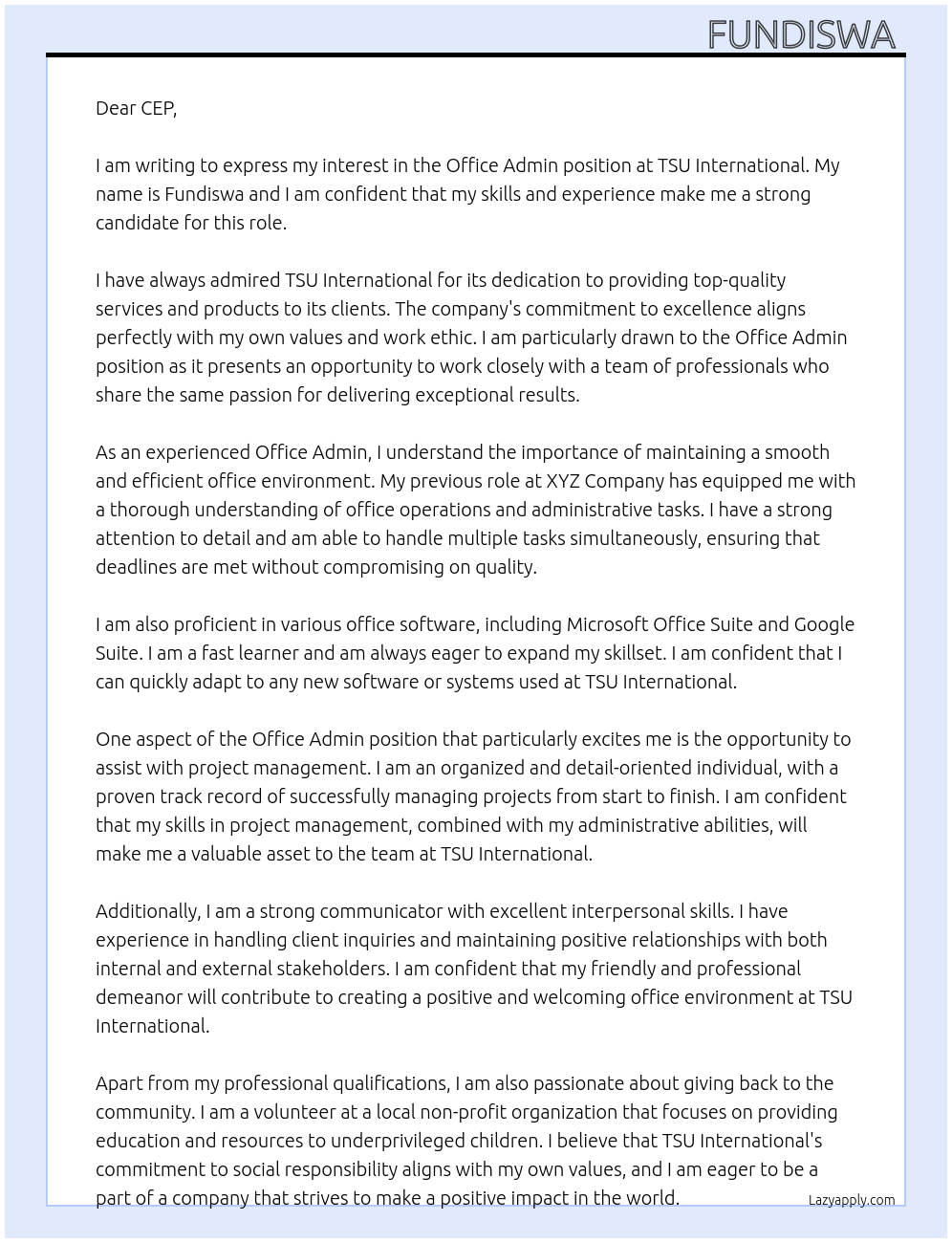 Office admin  At TSU international  Cover Letter