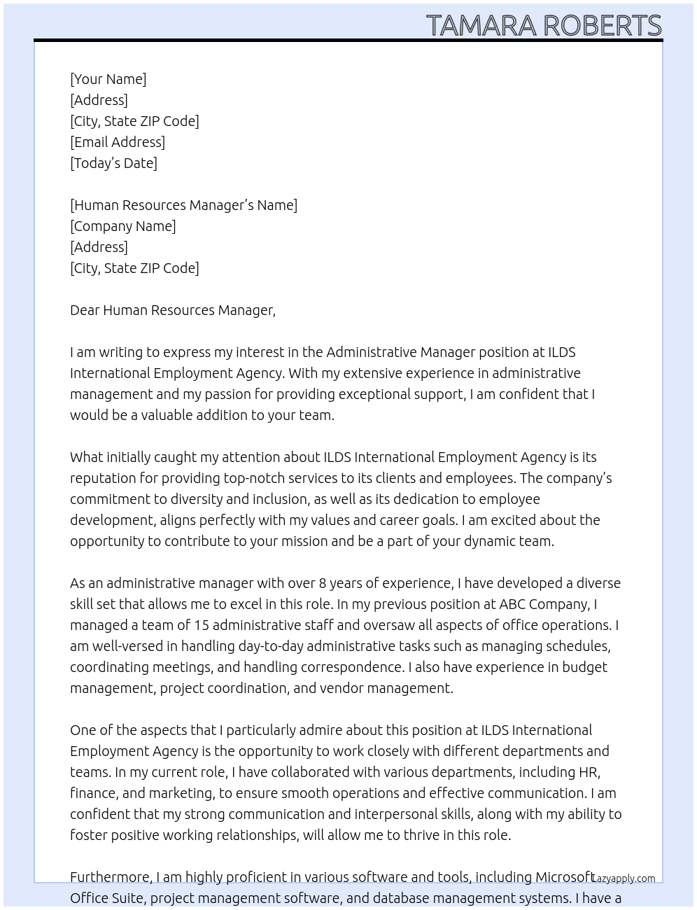 Administrative Manager At ILDS International Employment Agency Cover Letter