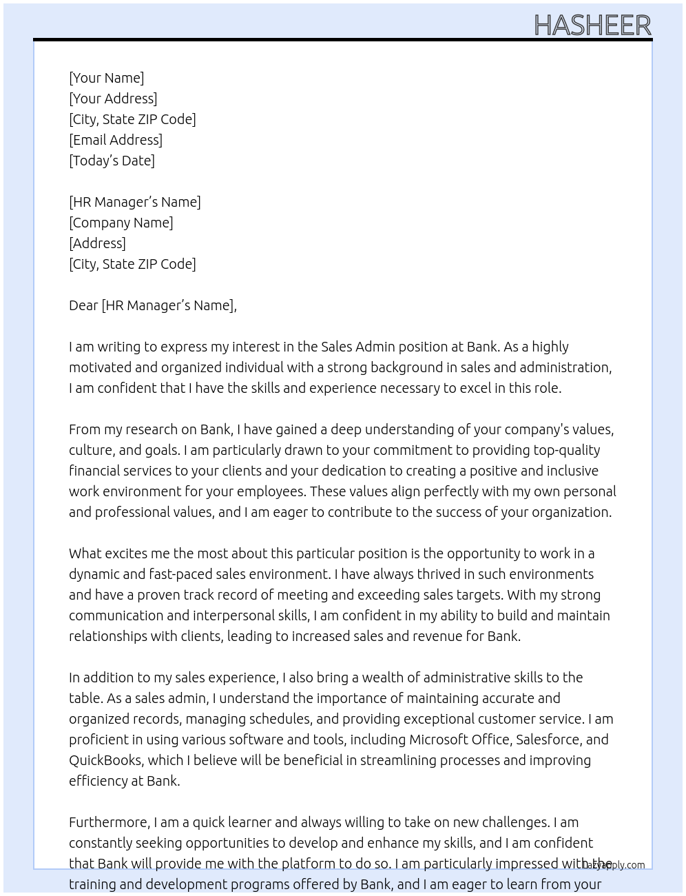 Sales admin At Bank Cover Letter