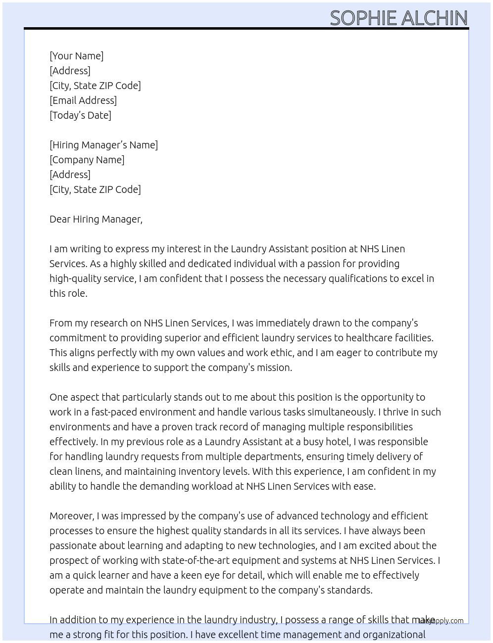 Laundry assistant At NHS Linen Services Cover Letter