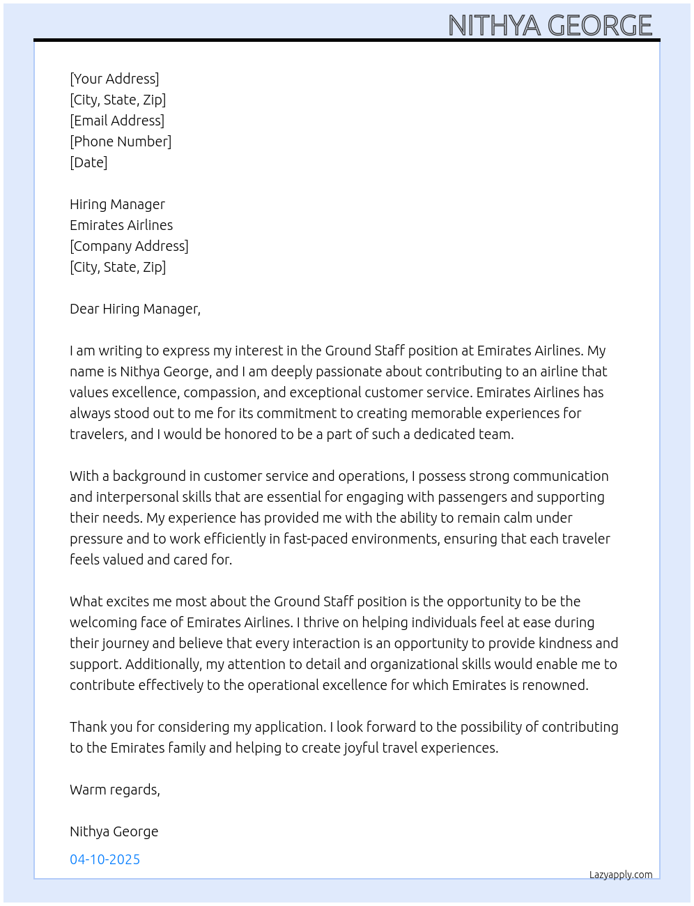 Ground staff At Emirates Airlines Cover Letter