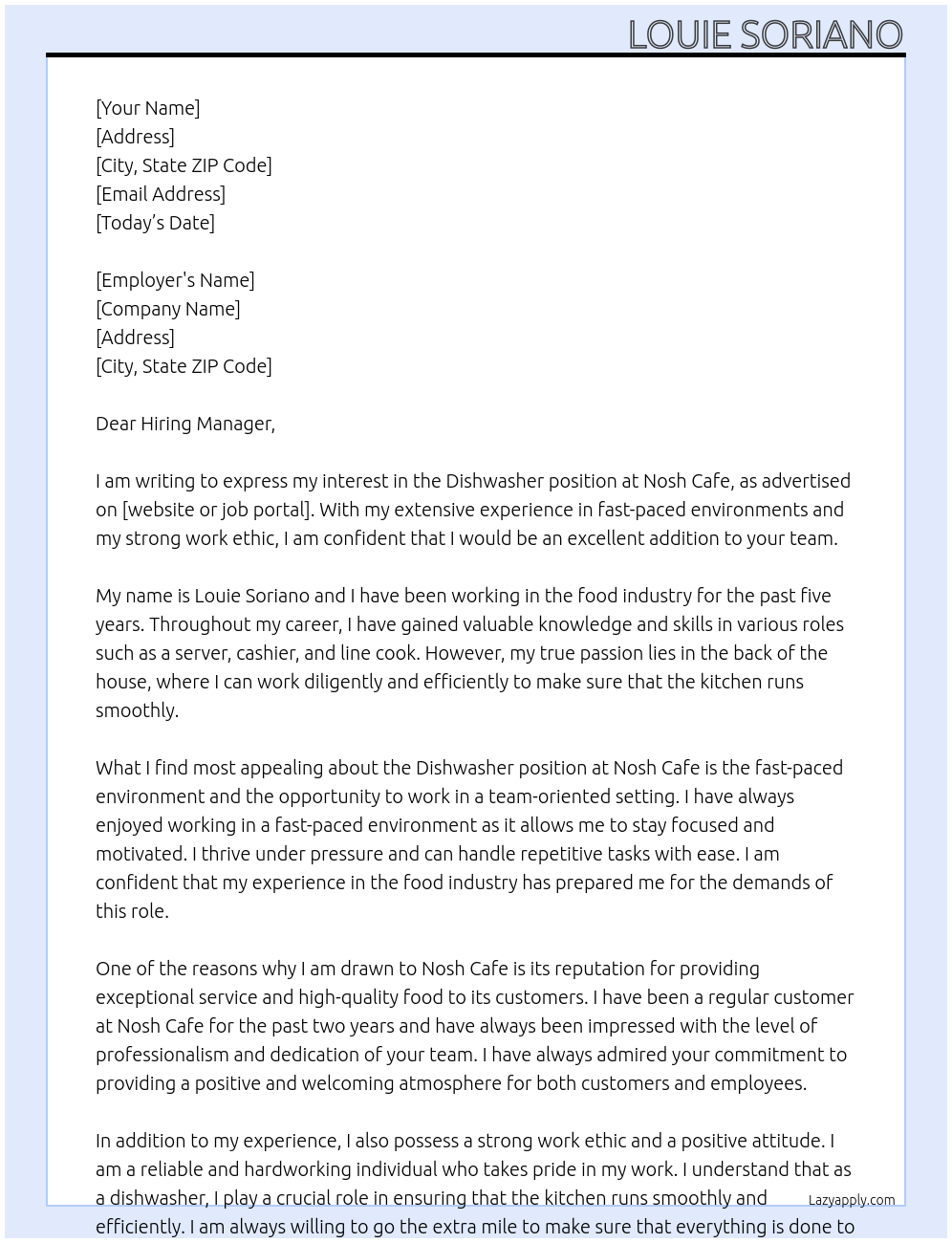 Dishwasher At Nosh Cafe Cover Letter