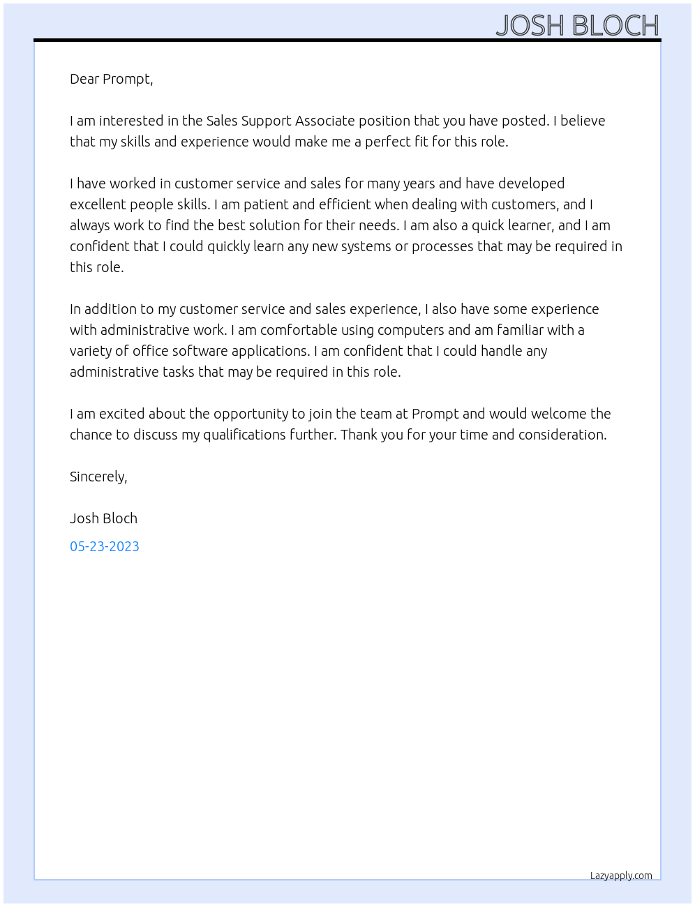 Sales Support Associate At Prompt Cover Letter