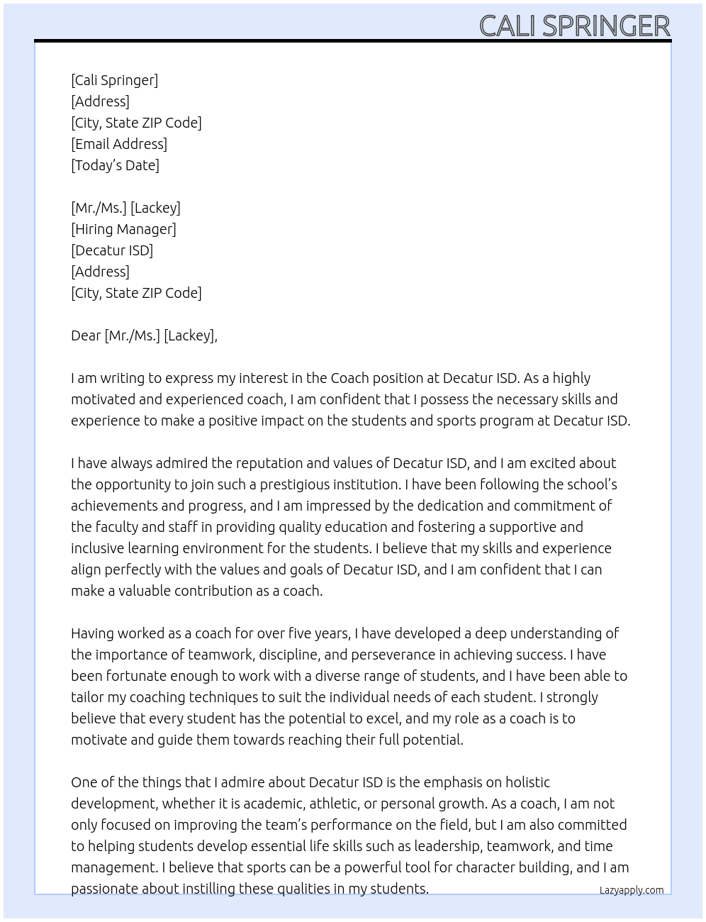 Coach At Decatur ISD Cover Letter