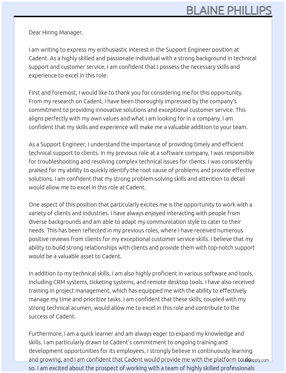 Support Engineer At Cadent Cover Letter