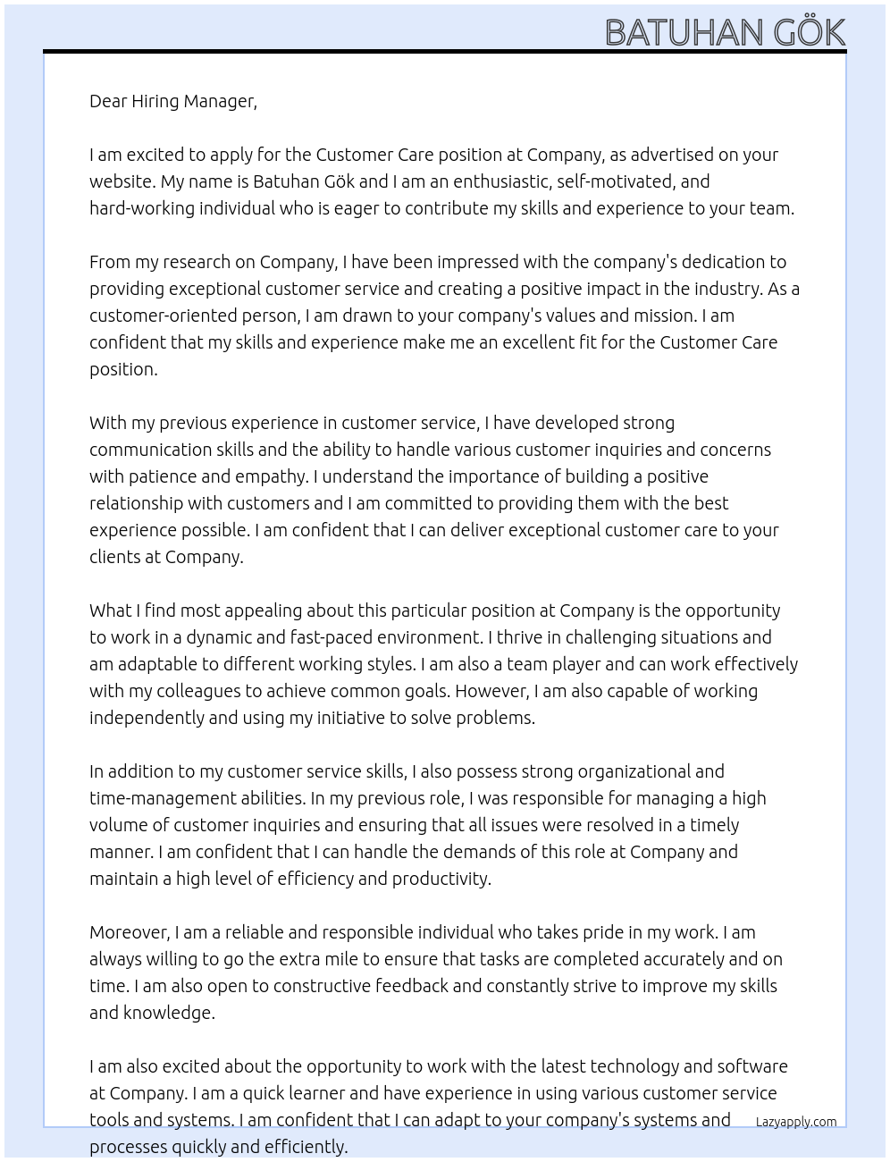 Customer care  At Company  Cover Letter