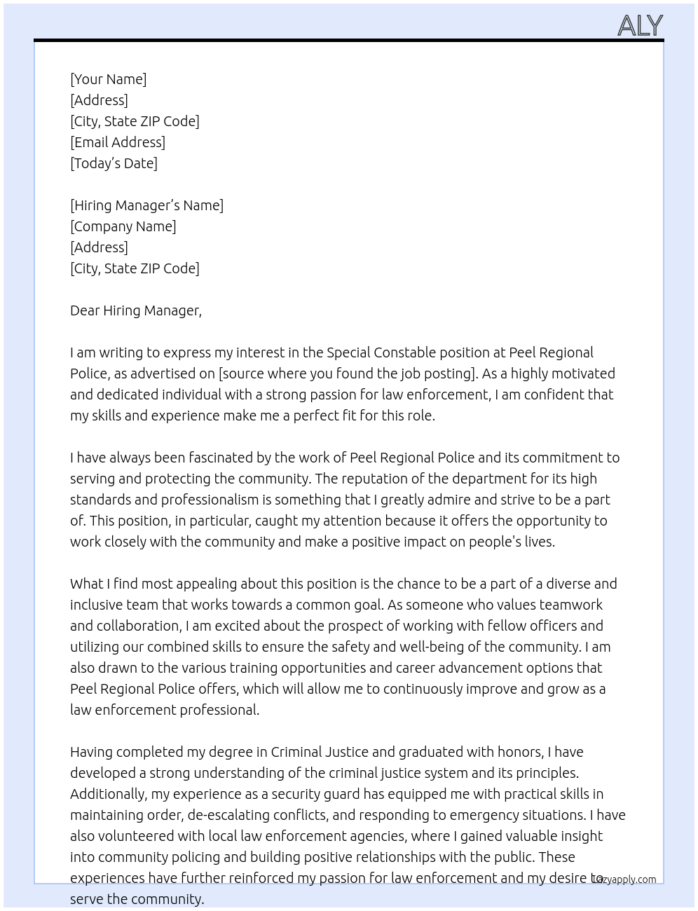 special constable At Peel regional police Cover Letter