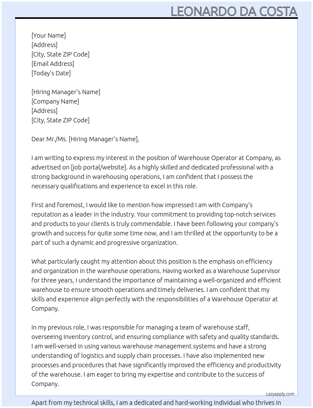 Warehouse operator At Company Cover Letter