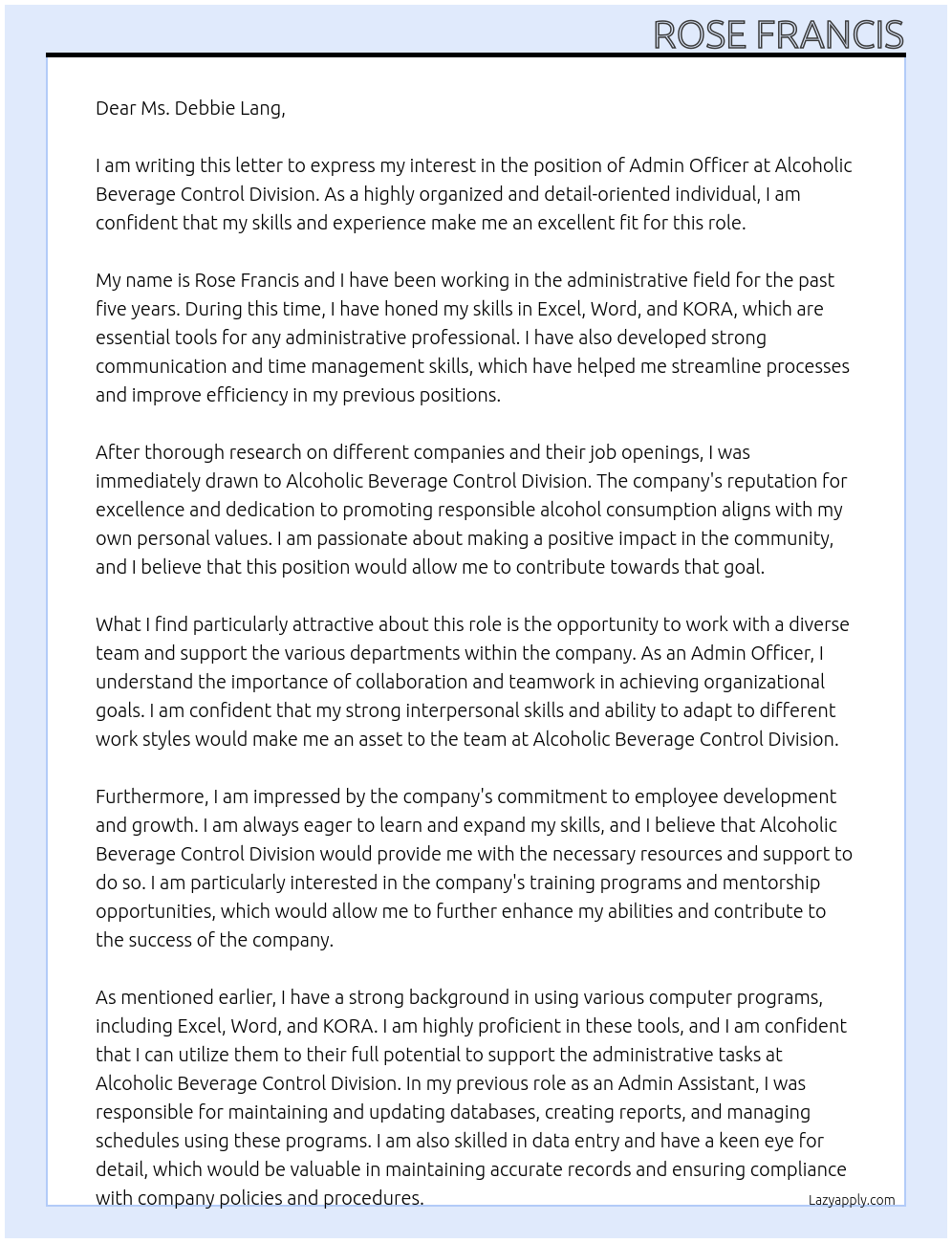 Admin Officer At Alcoholic Beverage Control Division Cover Letter