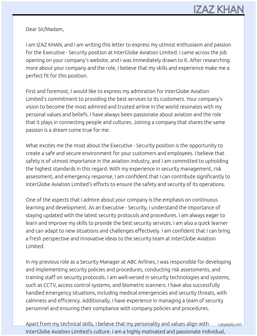 Executive - security At InterGlobe Aviation limited Cover Letter