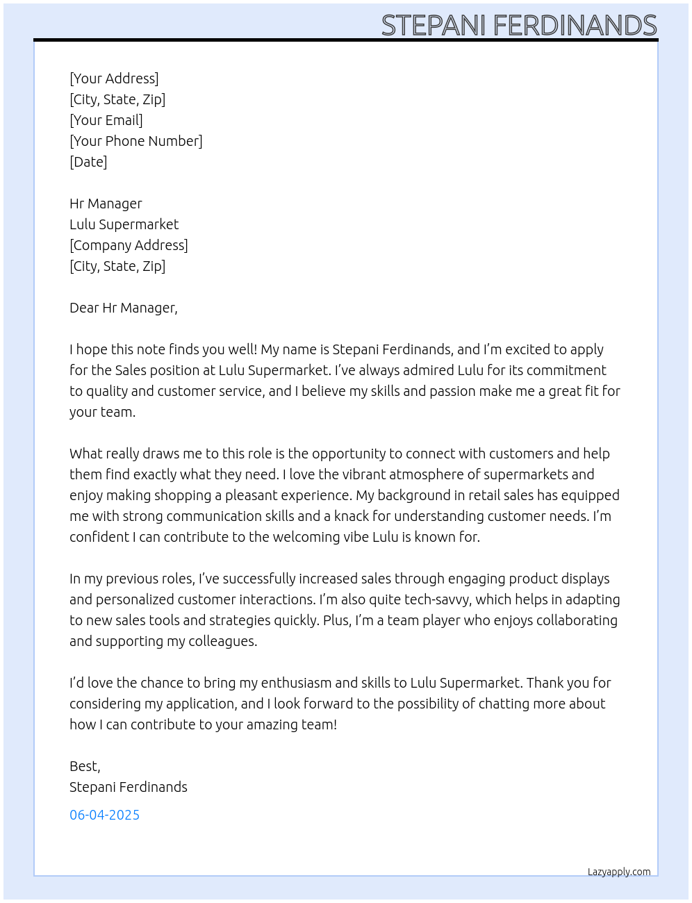 sales At lulu supermakert Cover Letter