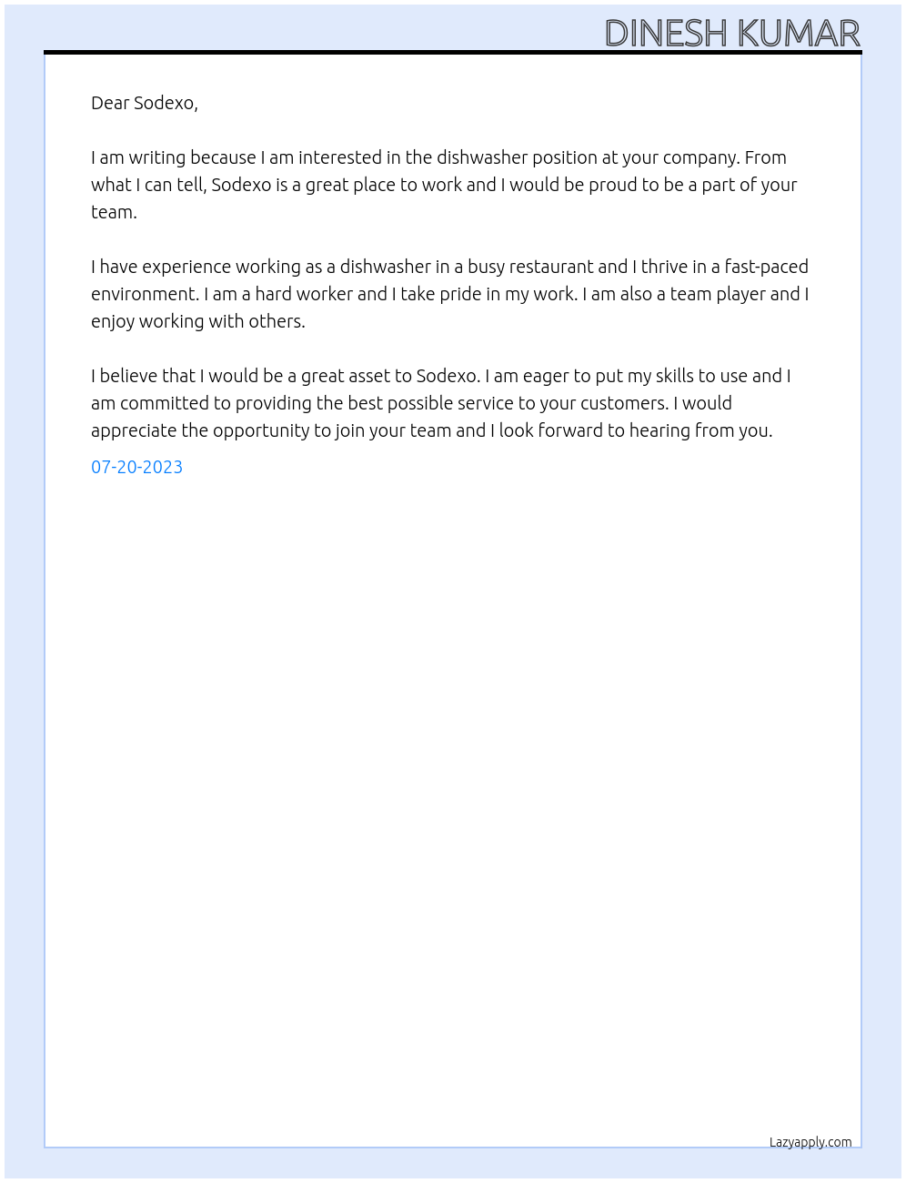 dishwasher At sodexo Cover Letter