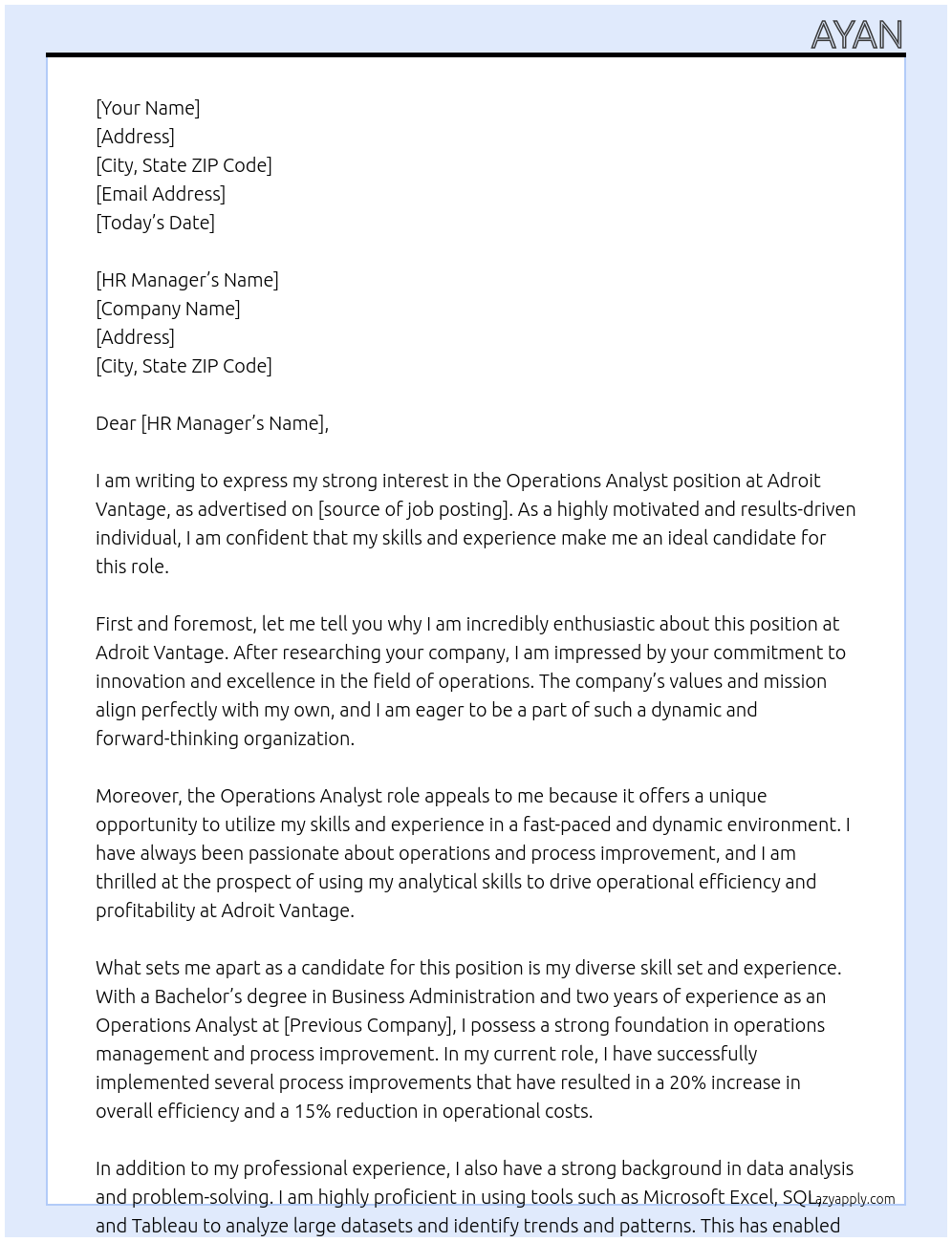 Operations Analyst At Adroit Vantage Cover Letter