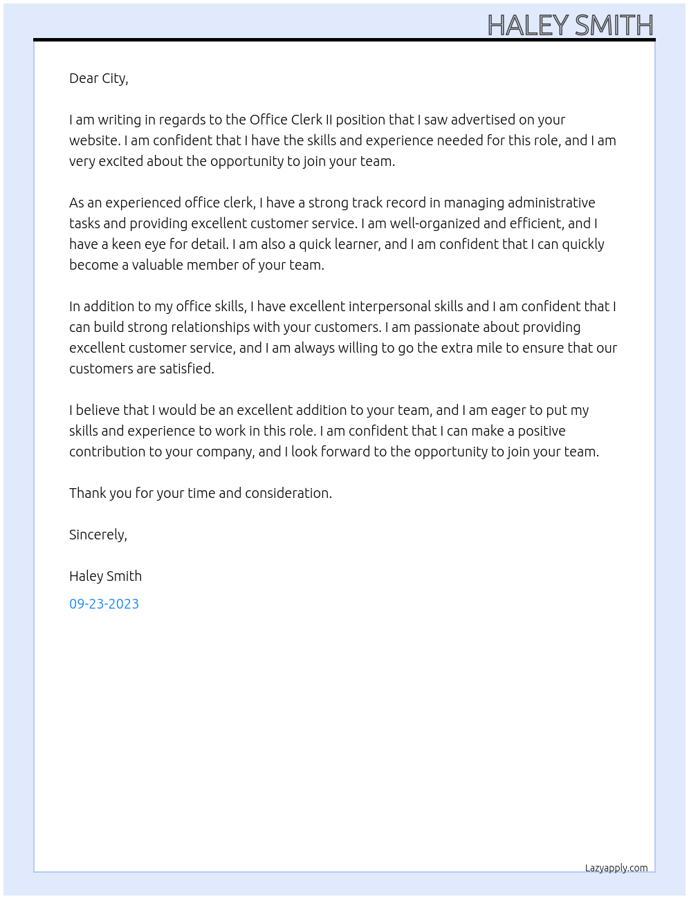 Office Clerk II At City Cover Letter