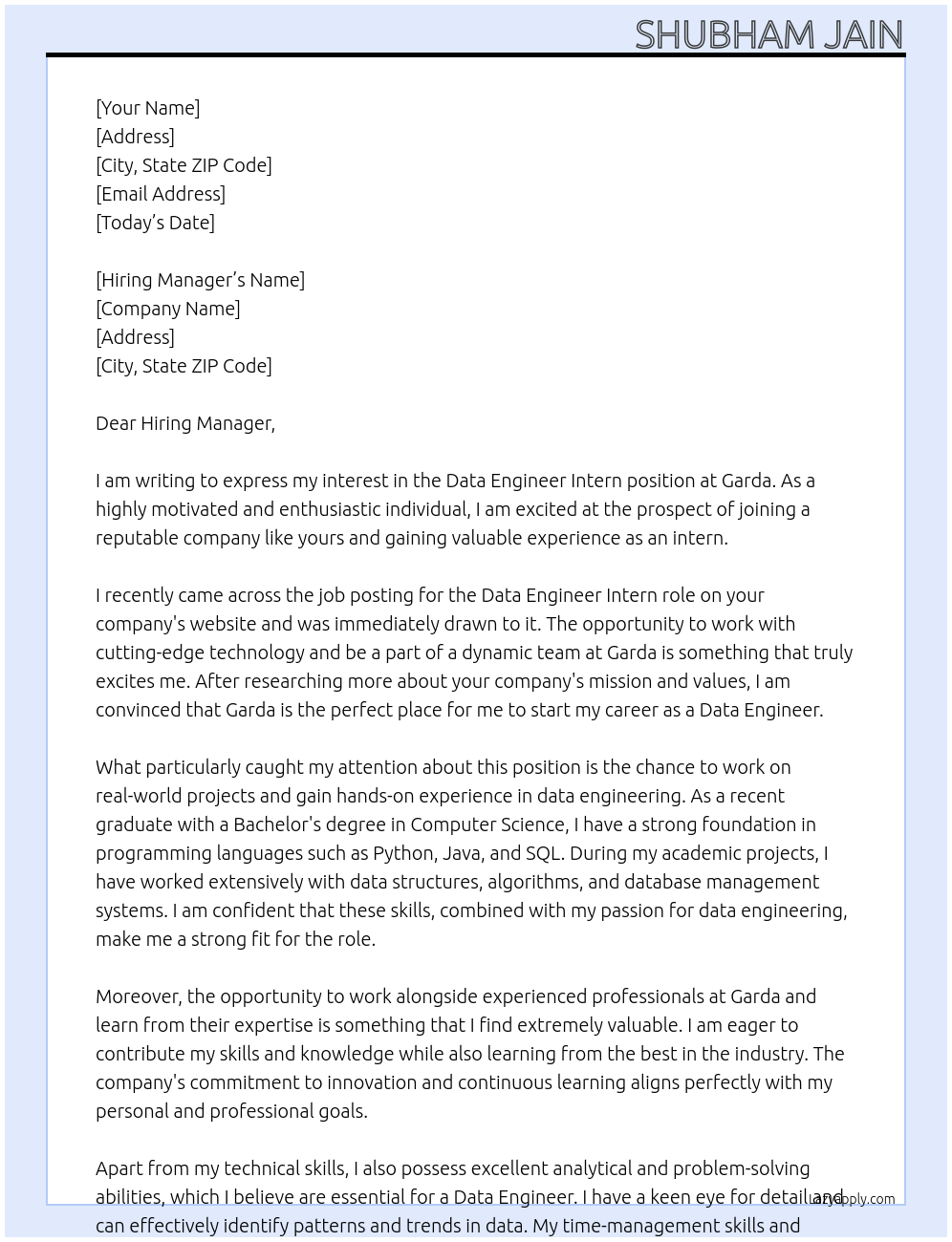 Data Engineer Intern At Garda Cover Letter